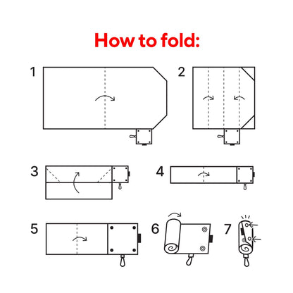 Step-by-step diagram showing how to fold the SalahTag portable prayer mat into its compact keychain form