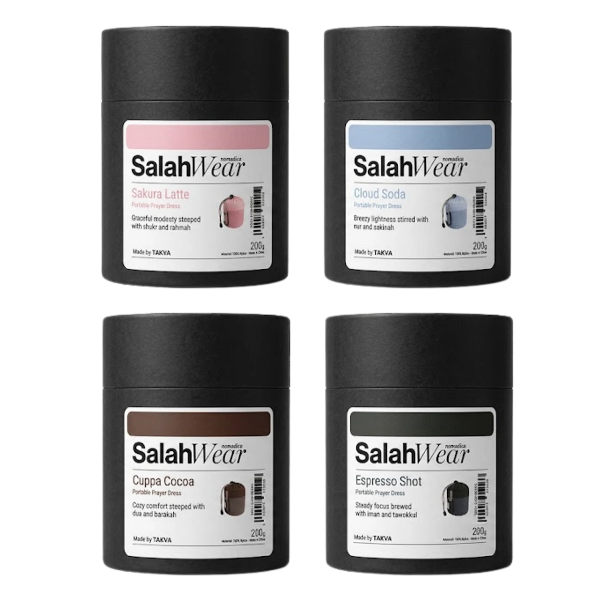 Four SalahWear portable prayer dress packaging tubes side by side — Sakura Latte, Cloud Soda, Cuppa Cocoa, and Espresso Shot — each labelled with colour name, 200g weight, and a photo of the matching pouch