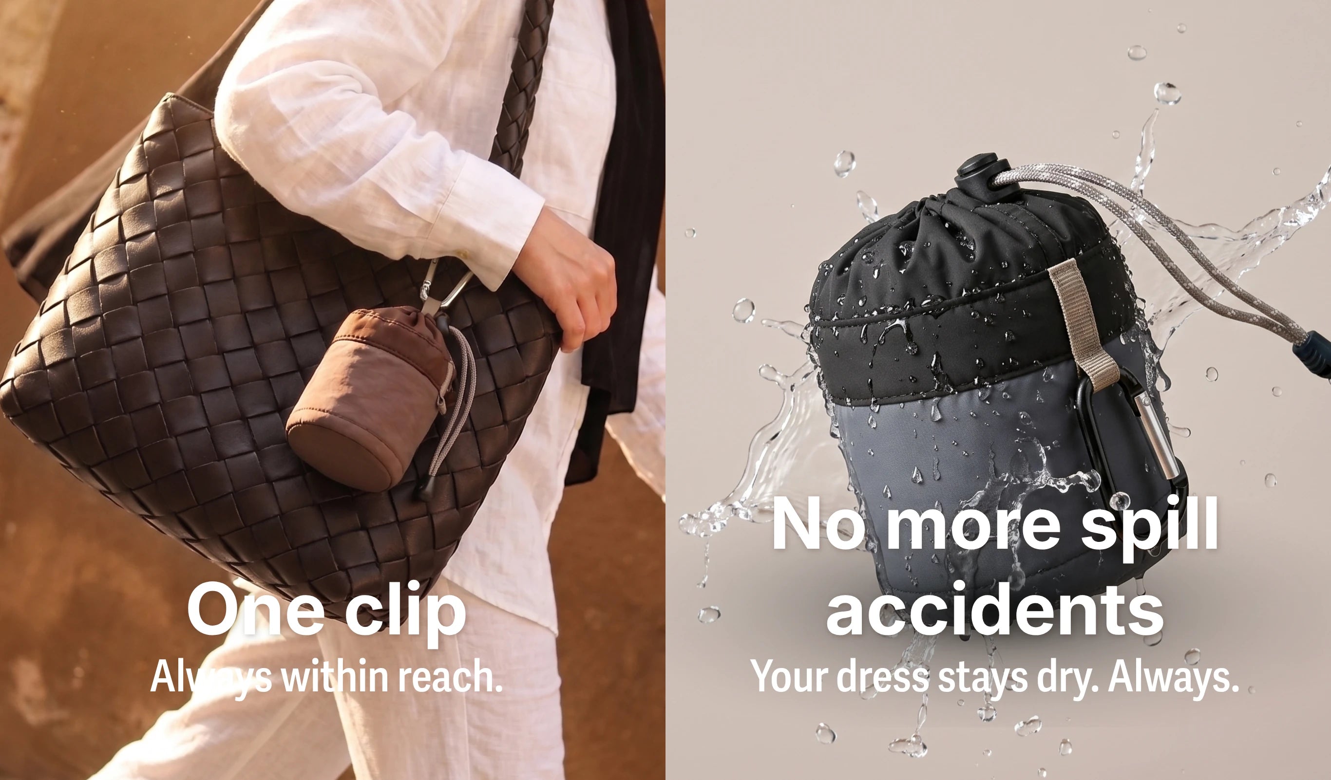Two-panel SalahWear pouch lifestyle shot: the brown travel telekung pouch clipped via carabiner onto a woven leather tote bag strap on the left, and a close-up of the black pouch splashed with water on the right, demonstrating its waterproof fabric.