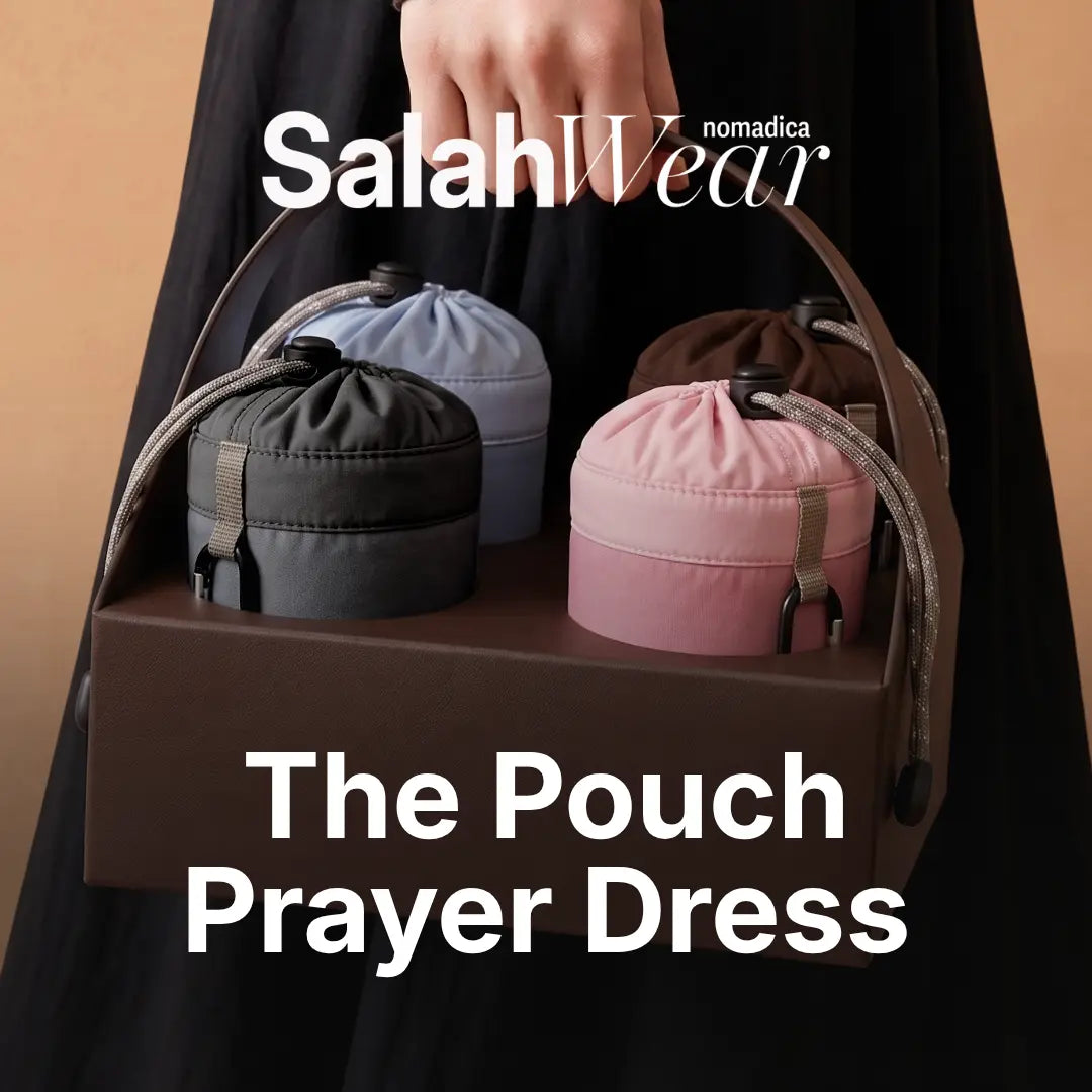 SalahWear by TAKVA Nomadica branding hero image, text reading 'SalahWear — The Pouch Prayer Dress,' showing a woman carrying a leather-look caddy tray holding four colour-matched SalahWear travel prayer dress pouches (black, pink, blue, brown). Mobile copy.
