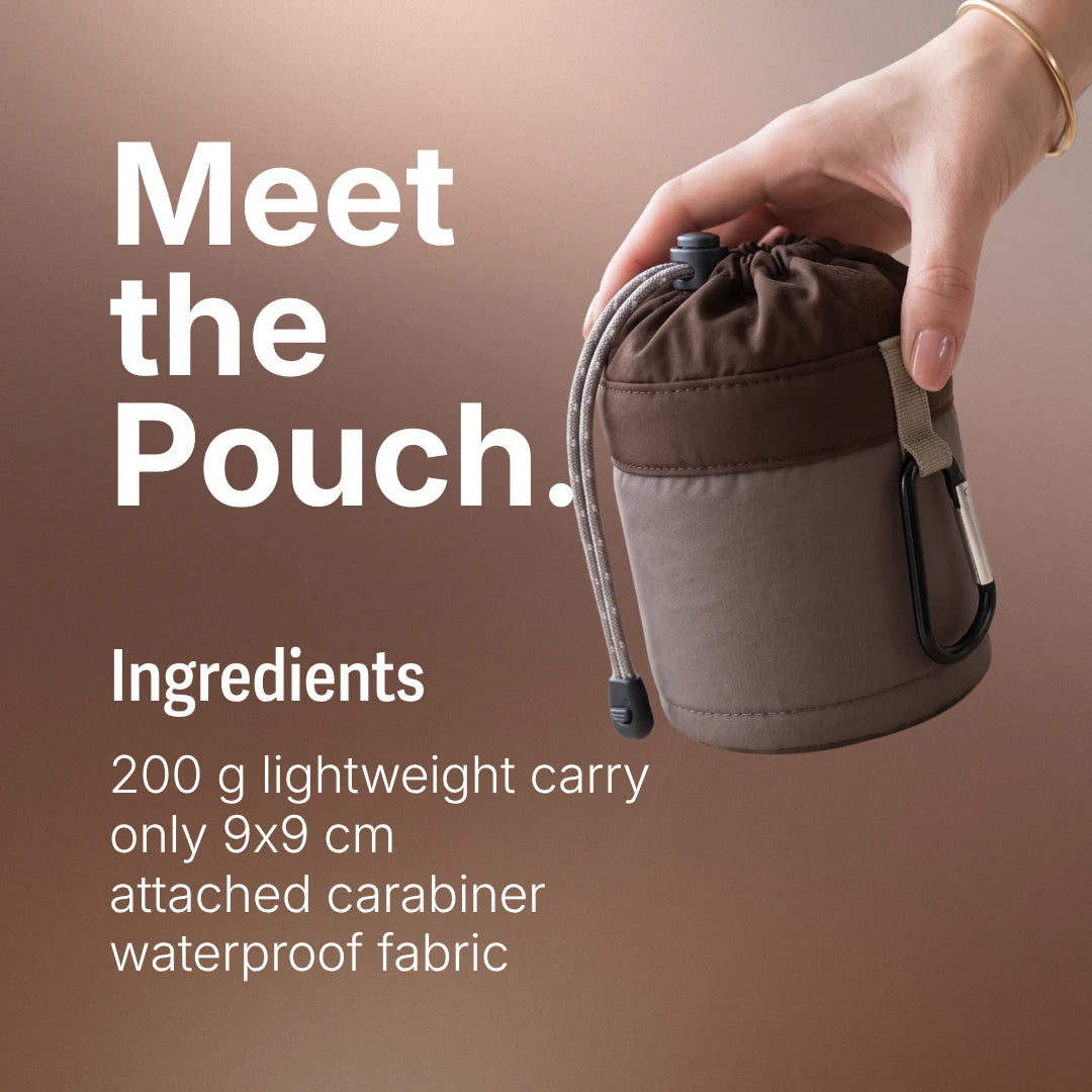 Infographic titled 'Meet the Pouch' listing the SalahWear travel telekung pouch's specs — 200g lightweight carry, 9cm diameter, waterproof fabric, attached carabiner — shown held in one hand. (mobile copy)