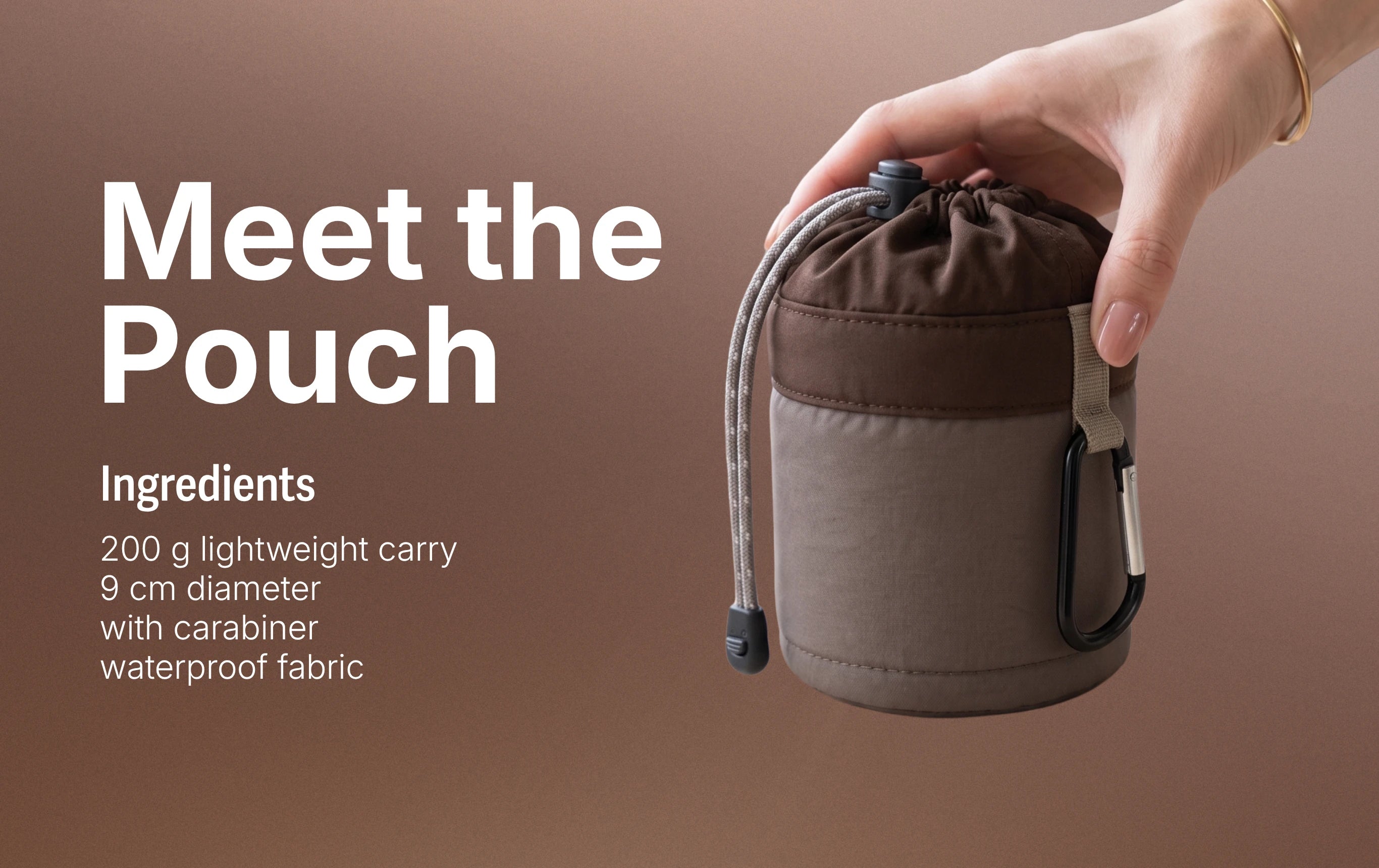 Infographic titled 'Meet the Pouch' listing the SalahWear travel telekung pouch's specs — 200g lightweight carry, 9cm diameter, waterproof fabric, attached carabiner — shown held in one hand.