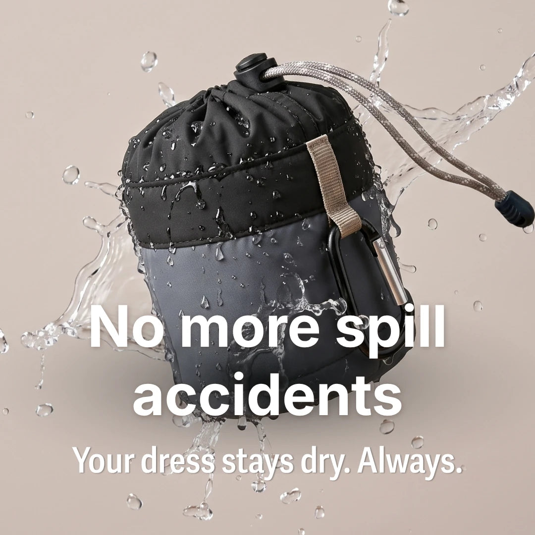 Close-up of the black pouch splashed with water on the right, demonstrating its waterproof fabric. (Mobile copy)