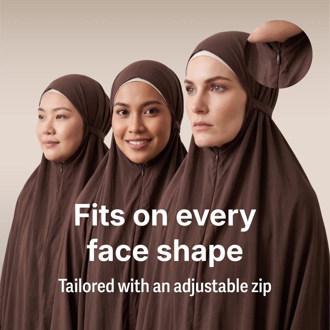 Three women wearing SalahWear's Cuppa Cocoa telekung, demonstrating the hood fitting different face shapes via an adjustable zip; Text overlay: 'Fits every face shape — tailored with an adjustable zip' Mobile copy.
