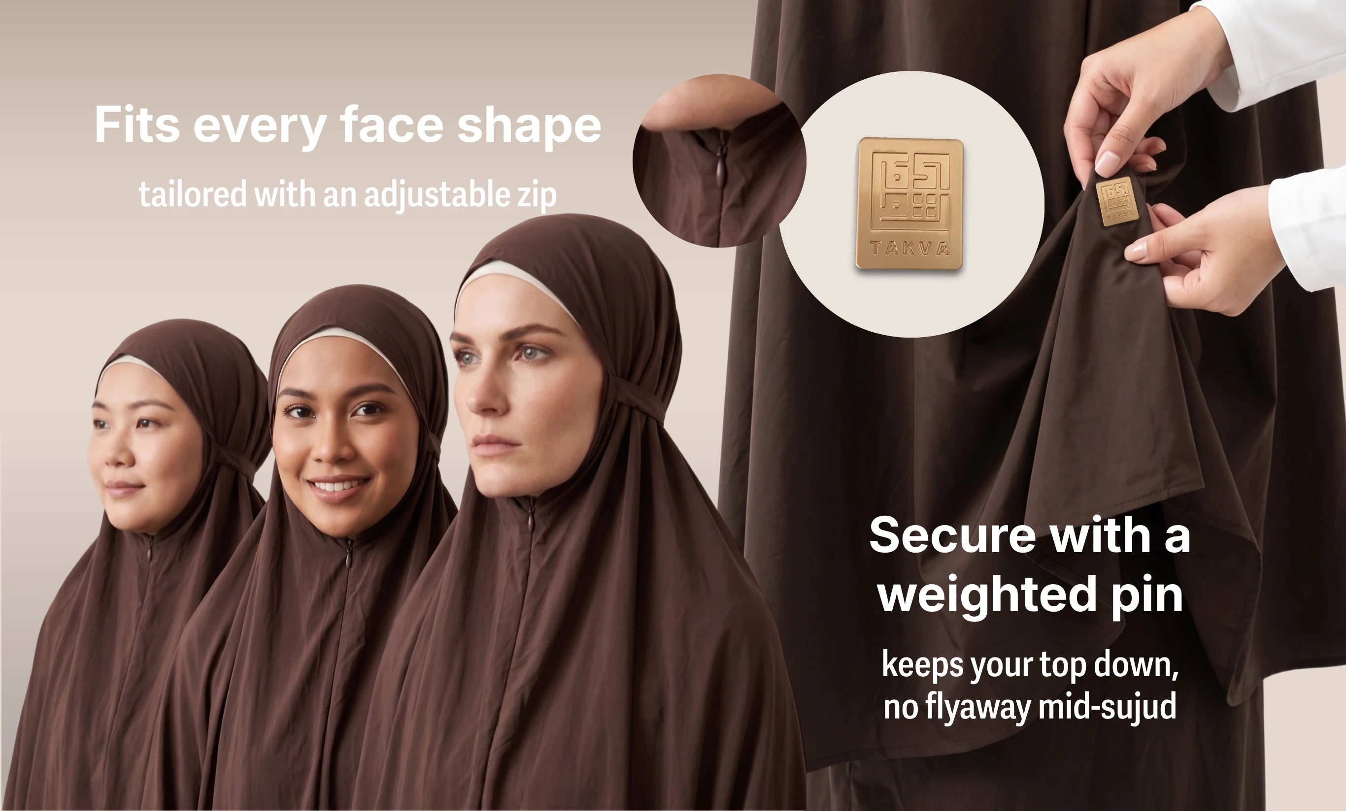 Three women wearing SalahWear's Cuppa Cocoa telekung, demonstrating the hood fitting different face shapes via an adjustable zip; a close-up shows the weighted pin that secures the top to the skirt so the mukena fabric doesn't fly up mid-sujud. Text overlay: 'Fits every face shape — tailored with an adjustable zip' and 'Secure with a weighted pin — keeps your top down, no flyaway mid-sujud.'