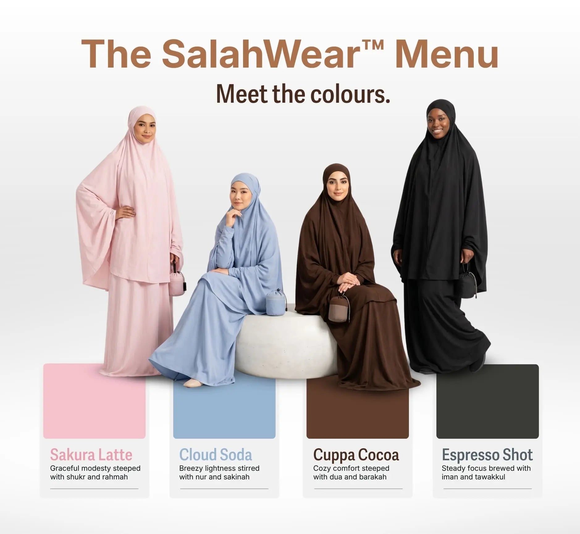 The SalahWear colourway menu: four models wearing Sakura Latte (pink), Cloud Soda (blue), Cuppa Cocoa (brown), and Espresso Shot (black) telekung/mukena prayer dresses, each with a matching travel pouch and a one-line colour description ('graceful modesty,' 'breezy lightness,' 'cozy comfort,' 'steady focus').