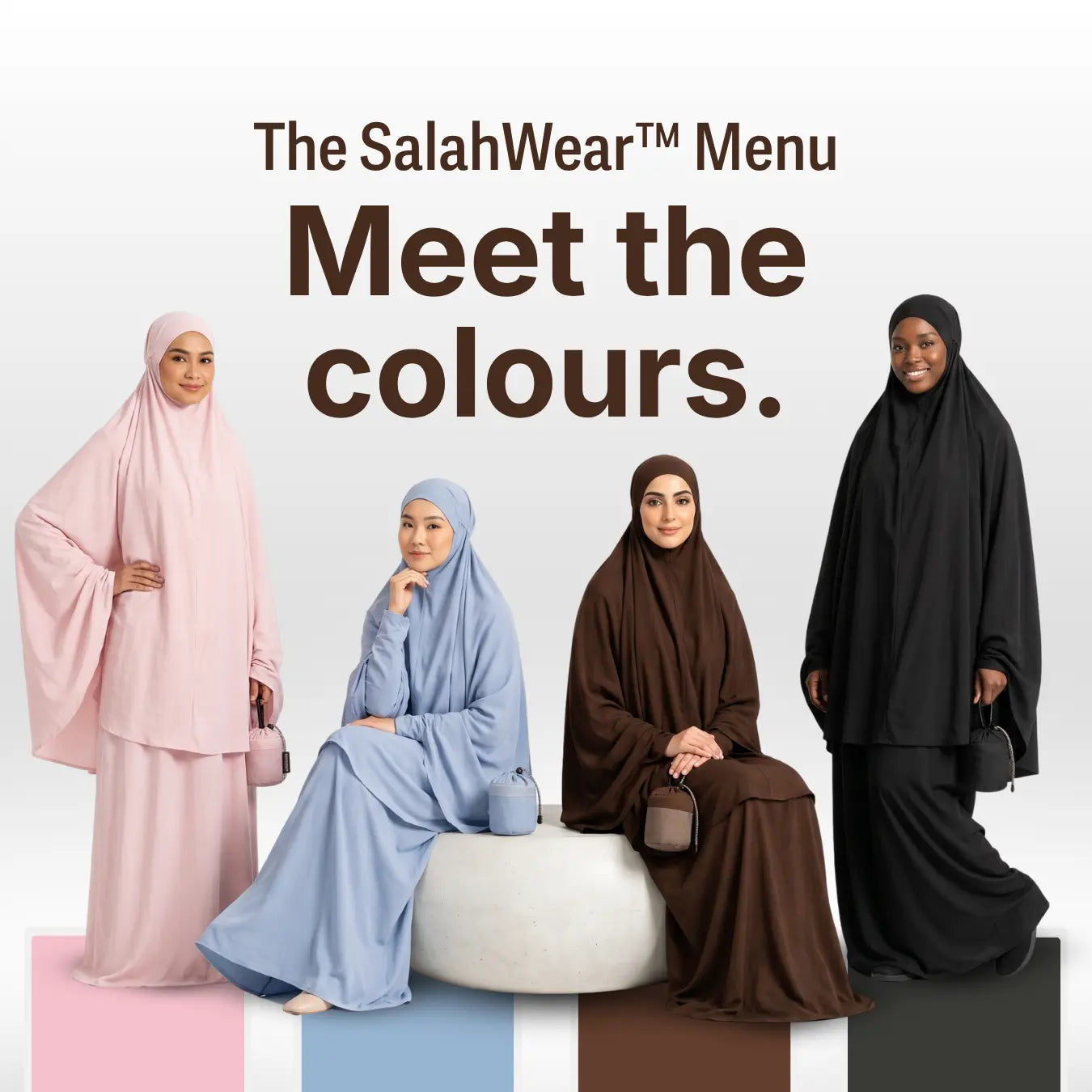 The SalahWear colourway menu: four models wearing Sakura Latte (pink), Cloud Soda (blue), Cuppa Cocoa (brown), and Espresso Shot (black) telekung/mukena prayer dresses, each with a matching travel pouch