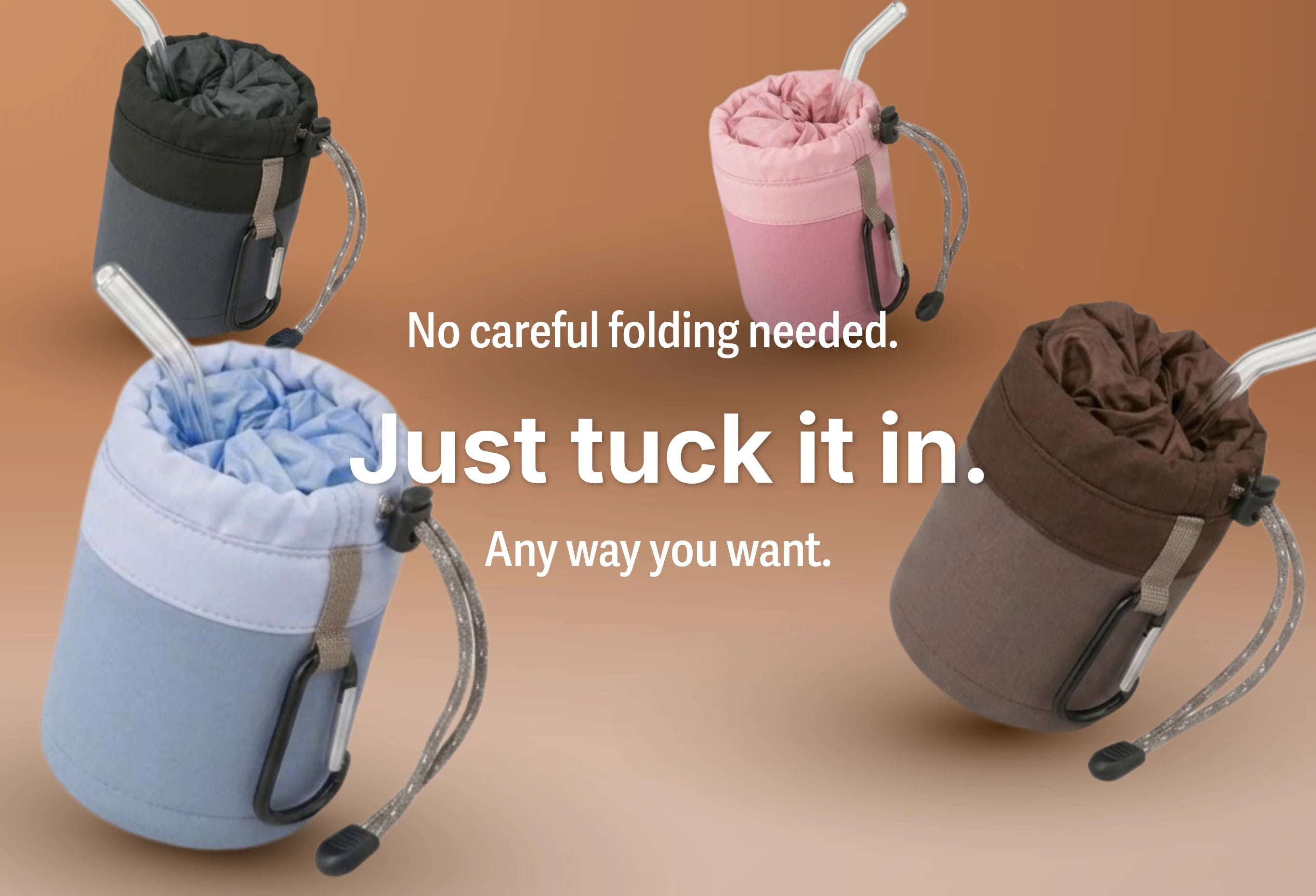 Four SalahWear travel telekung/mukena pouches in black, pink, blue, and brown, each loosely stuffed with fabric and a drinking straw — text overlay reads 'No careful folding needed. Just tuck it in. Any way you want,' showing the prayer dress packs without precise folding.
