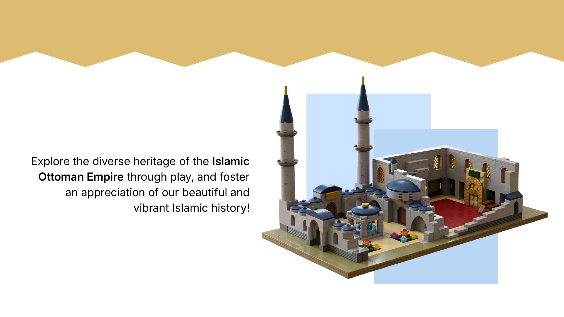 Sultan Ahmet Camii Blue Mosque Islamic building block set — interior courtyard view showing the mihrab, red prayer carpet, and prayer hall