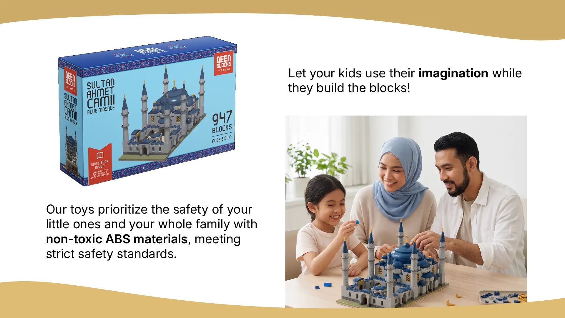Sultan Ahmet Camii block toy packaging beside a family and building the set together