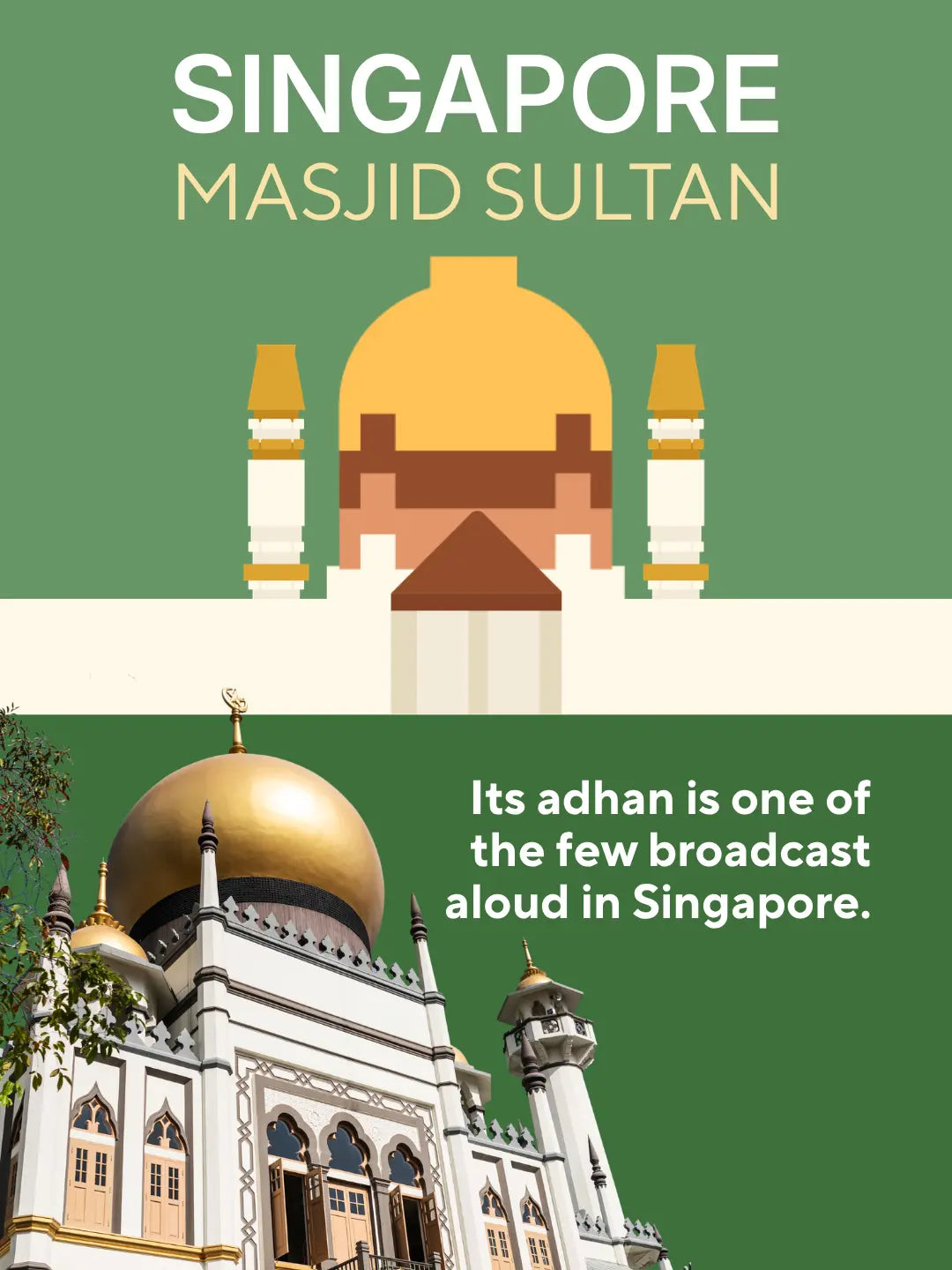 The Sultan Mosque in Kampong Glam, Singapore, with its gold dome, white arches and minarets against a clear sky, the landmark behind the DEENBLOCKS Mini (mobile copy)