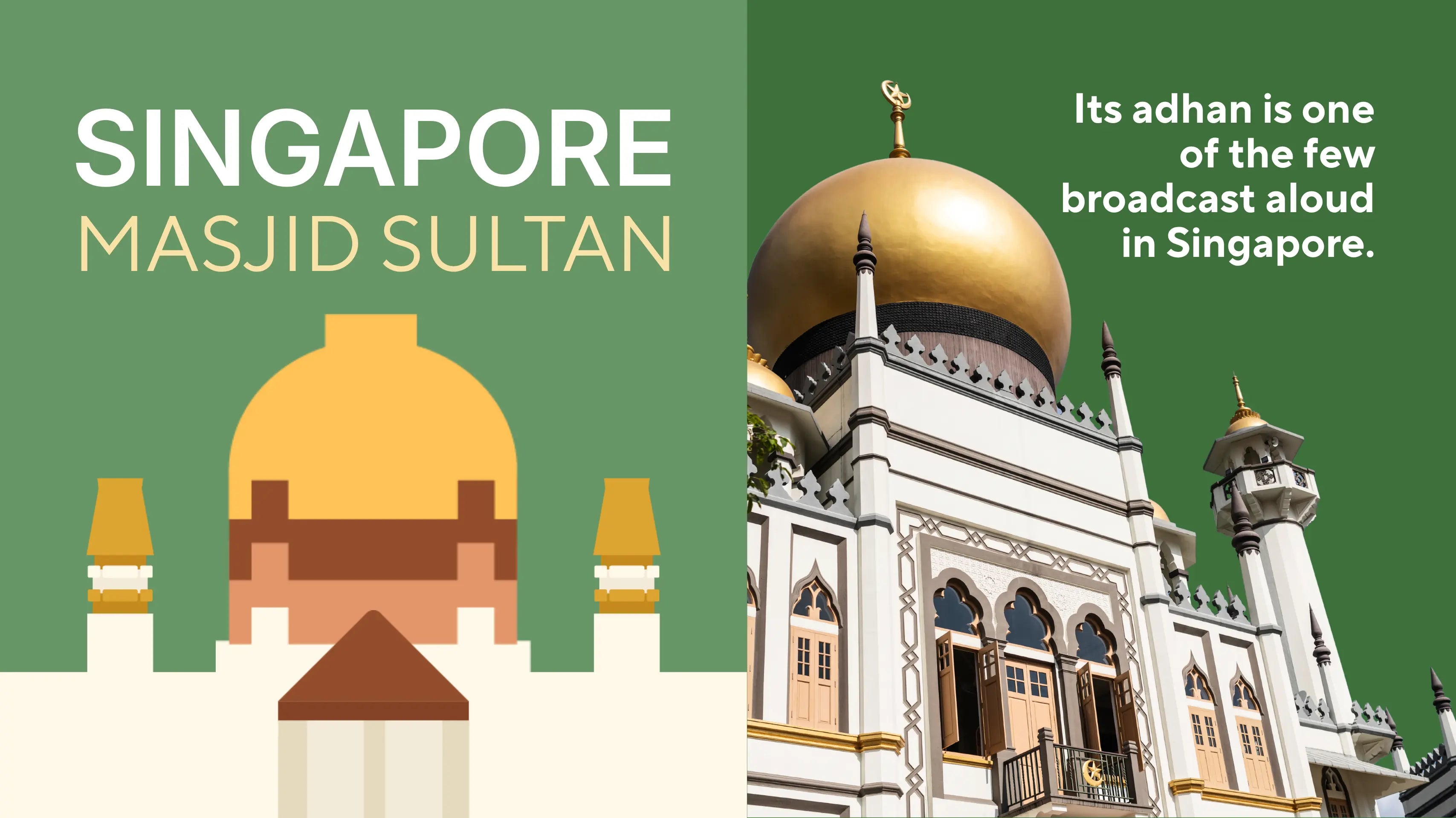 The Sultan Mosque in Kampong Glam, Singapore, with its gold dome, white arches and minarets against a clear sky, the landmark behind the DEENBLOCKS Mini