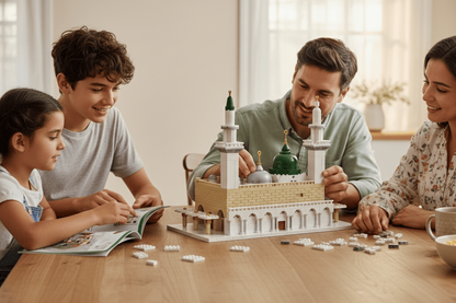 Family enjoying the TAKVA An Nabawi building blocks set, assembling the iconic mosque model together.