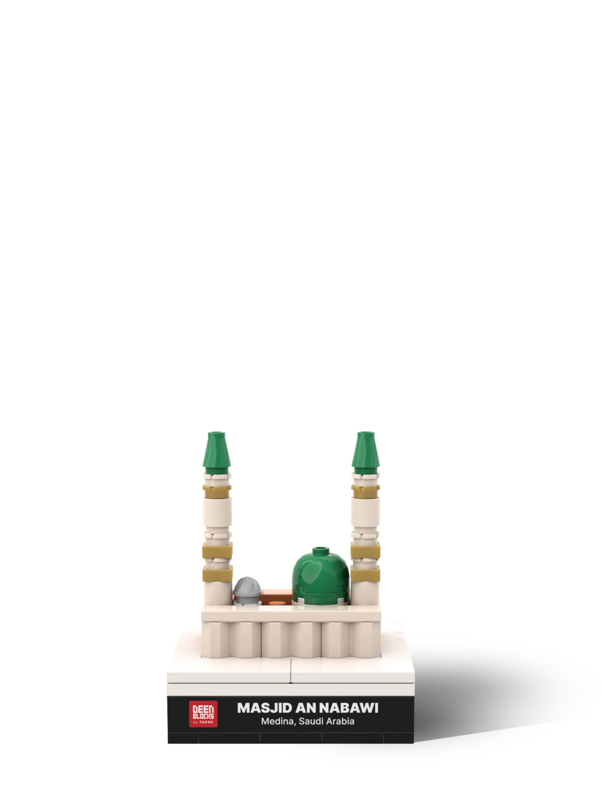 TAKVA Masjid Nabawi Mini seen straight on, the green dome and minarets of the Prophet's Mosque in Madina as a small desk collectible