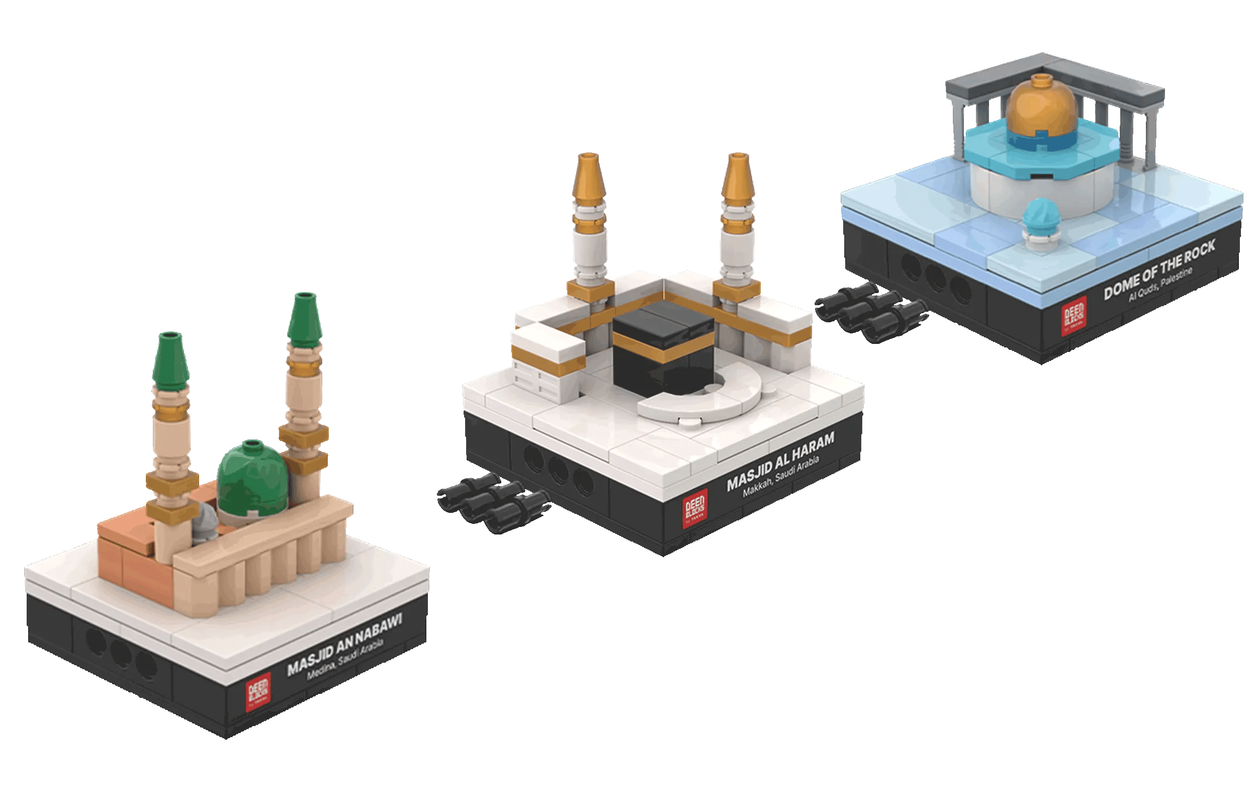 Three TAKVA Minis, the Prophet's Mosque, the Grand Mosque of Makkah and Qubbat al-Sakhra, snapping together into one connected desk display