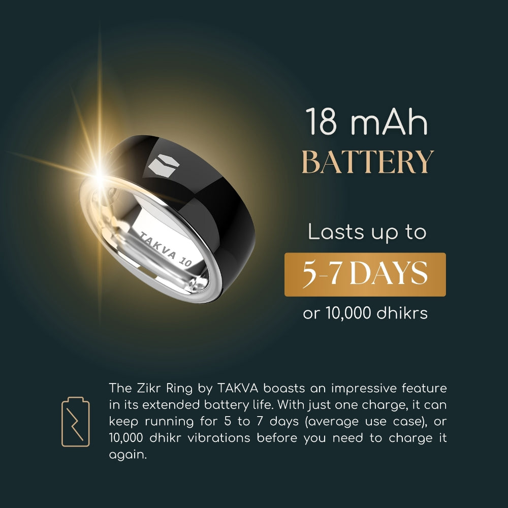 TAKVA Zikr Ring 18mAh battery lasts up to 7 days or 10,000 dhikrs