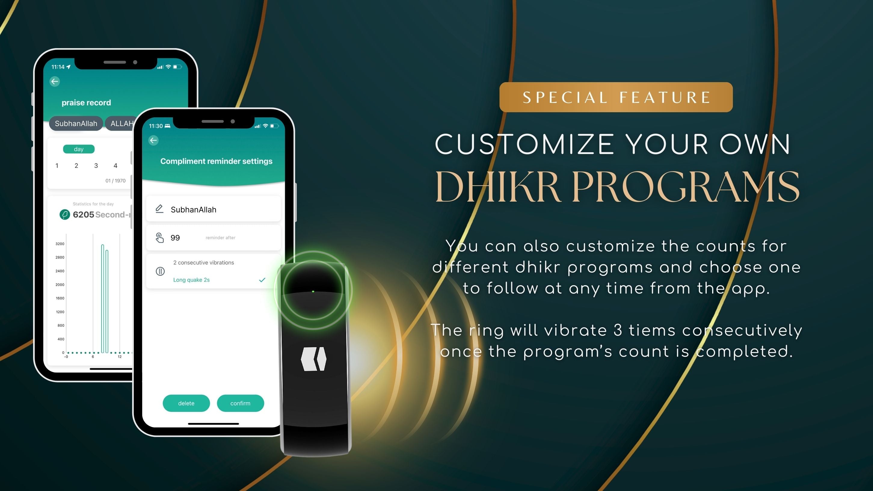 TAKVA Zikr Ring app showing customizable dhikr programs