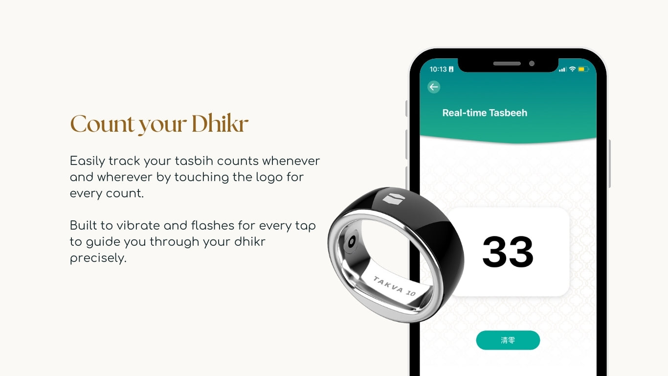 TAKVA Zikr Ring counting dhikr with real-time tasbeeh app and vibration feedback