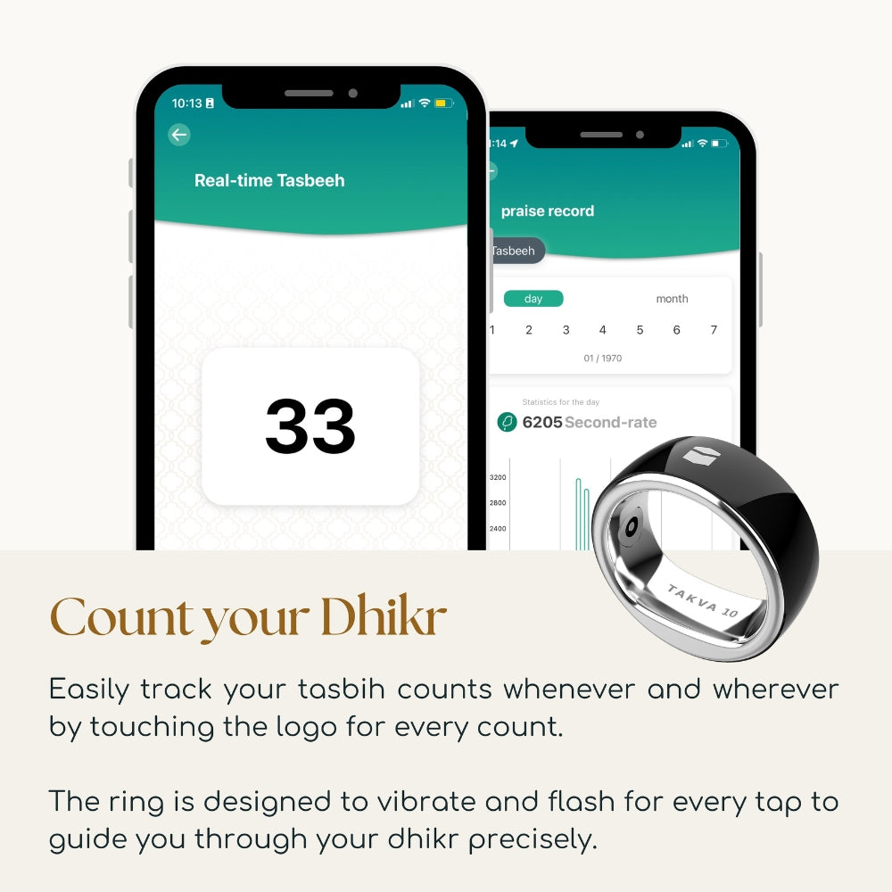 TAKVA Zikr Ring counting dhikr with real-time tasbeeh app and vibration feedback