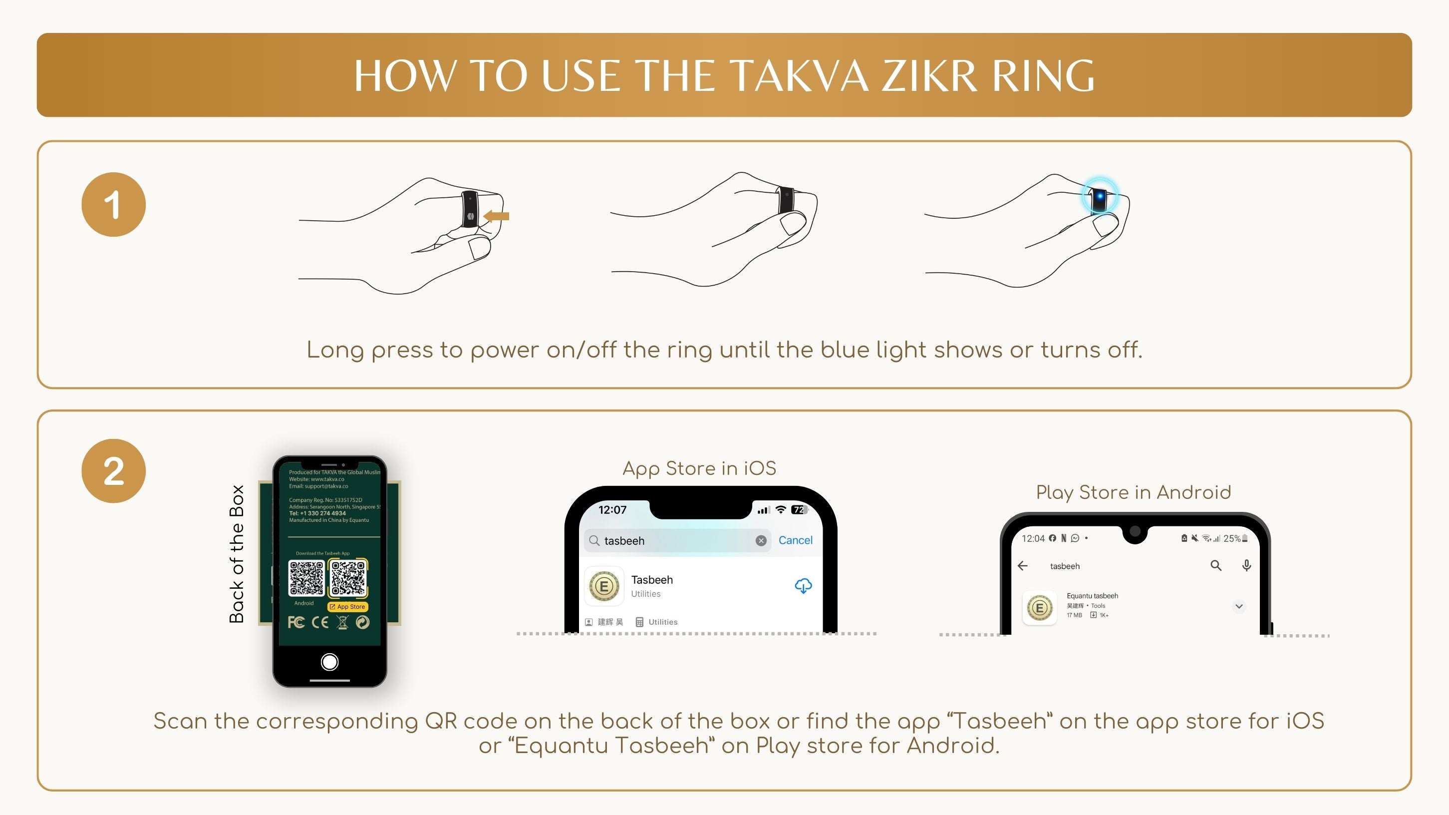 TAKVA Zikr Ring setup guide showing power button and mobile app installation