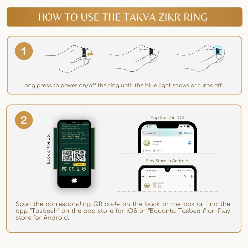 TAKVA Zikr Ring setup guide showing power button and mobile app installation