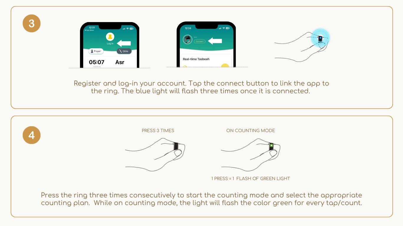 TAKVA Zikr Ring app connection and counting mode with green light feedback