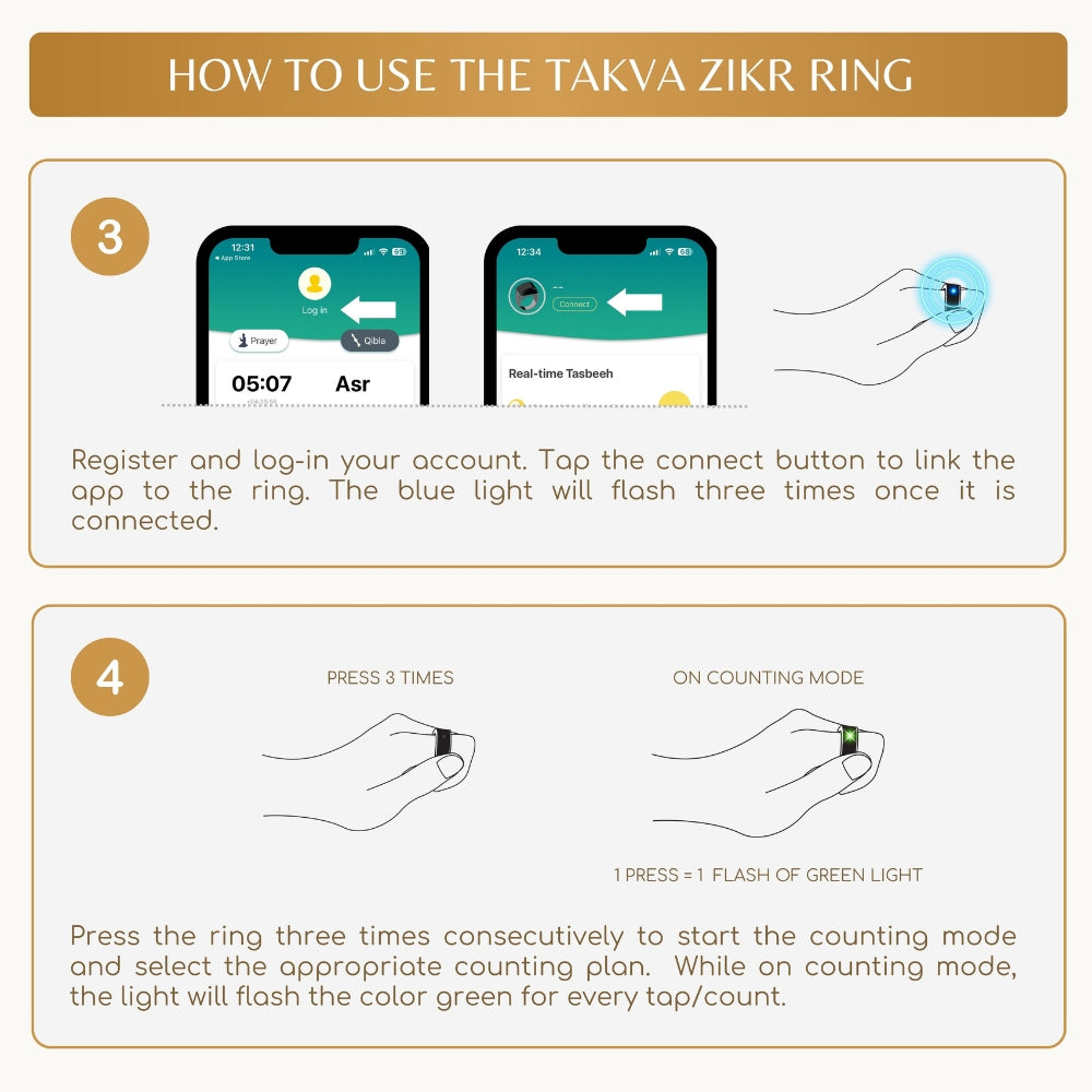 TAKVA Zikr Ring app connection and counting mode with green light feedback