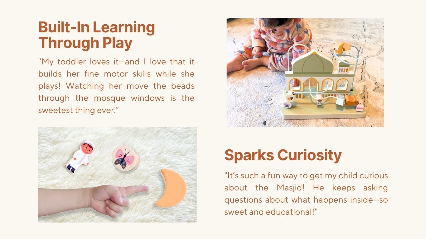 Toddler learning fine motor skills while playing with Montessori masjid bead maze mosque toy