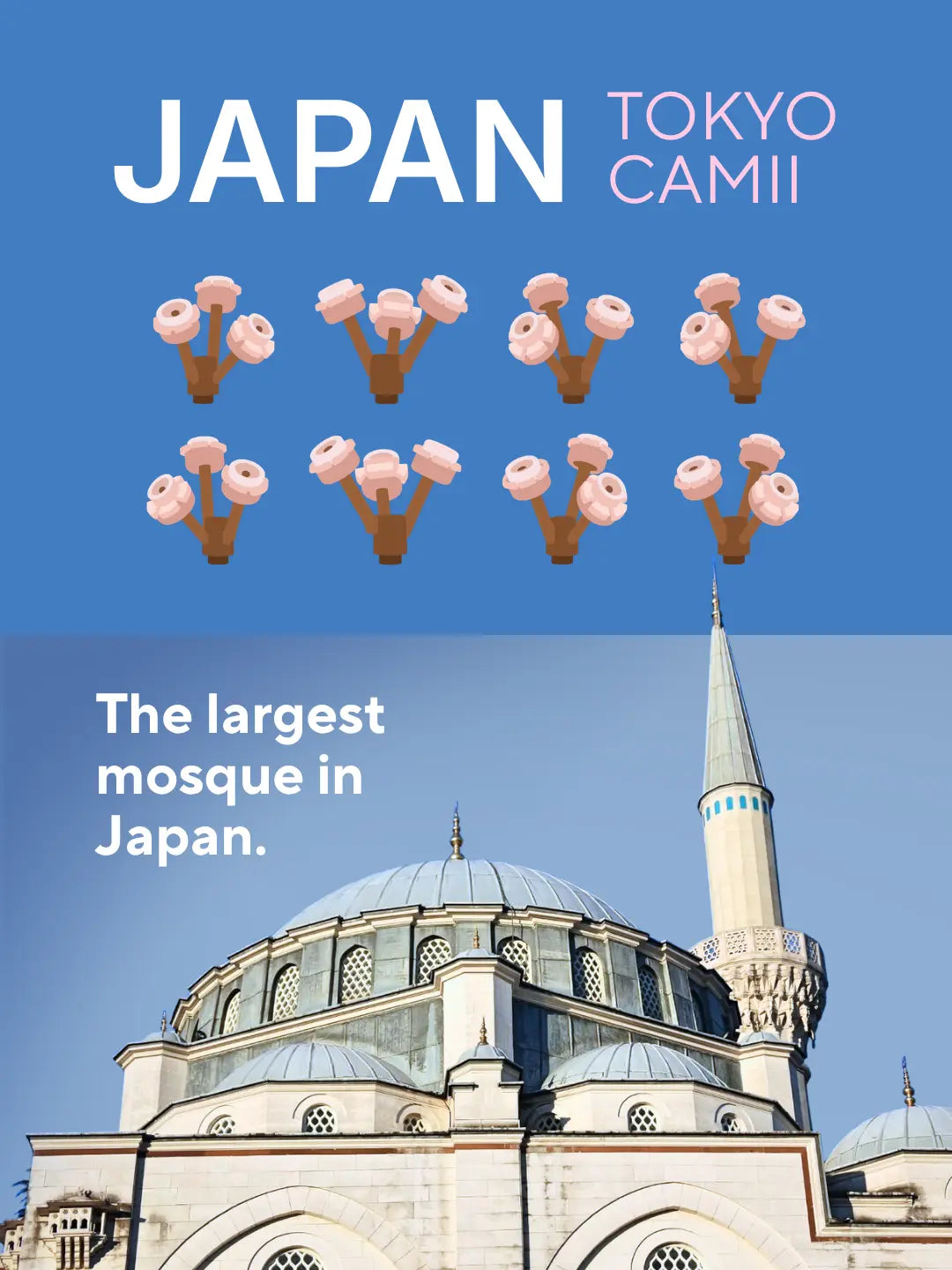 Real Tokyo Camii mosque in Shibuya under a blue sky, next to six sakura tree brick pieces used in the DEENBLOCKS Mini (mobile copy)
