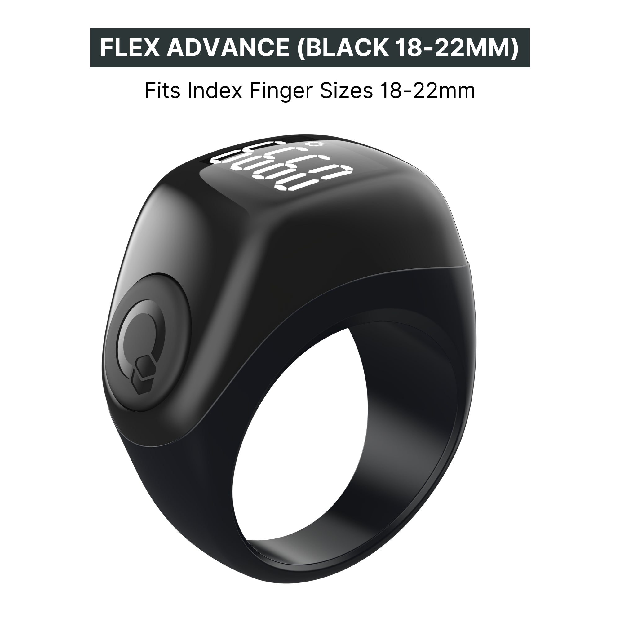 Zikr Ring Flex Advance in black indicating 3 sizes with OLED display, Islamic digital dhikr counter ring for beginners.