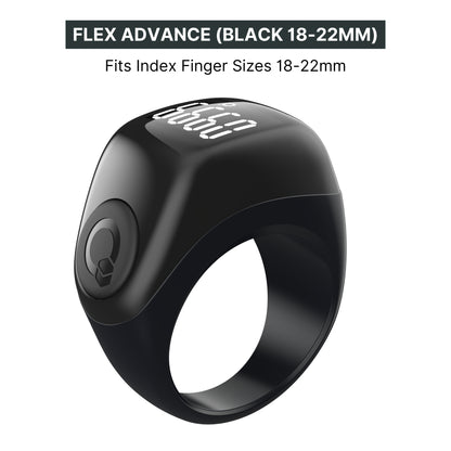 Zikr Ring Flex Advance in black indicating 3 sizes with OLED display, Islamic digital dhikr counter ring for beginners.