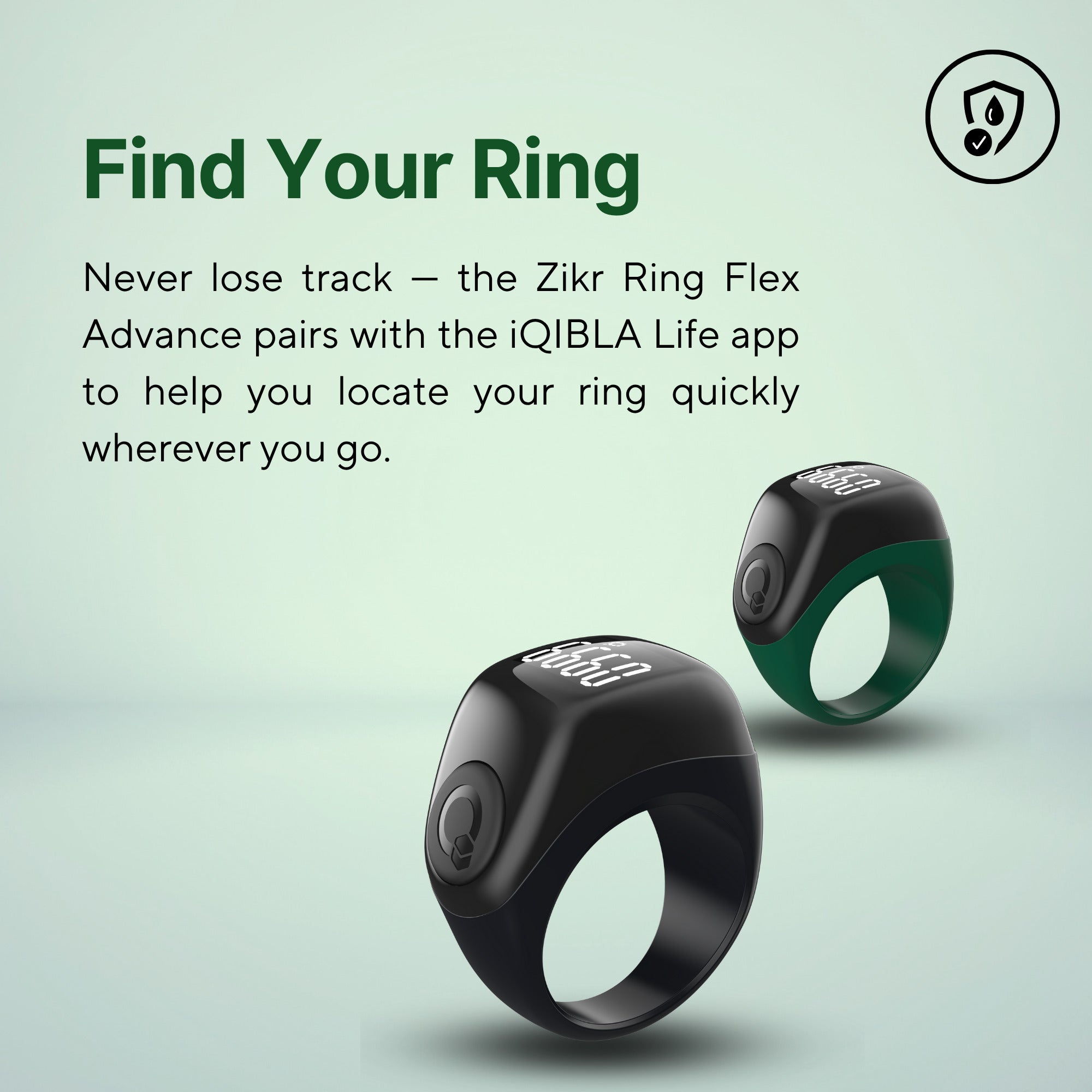 Zikr Ring Flex Advance paired with iQibla Life app to locate and track your dhikr ring easily.