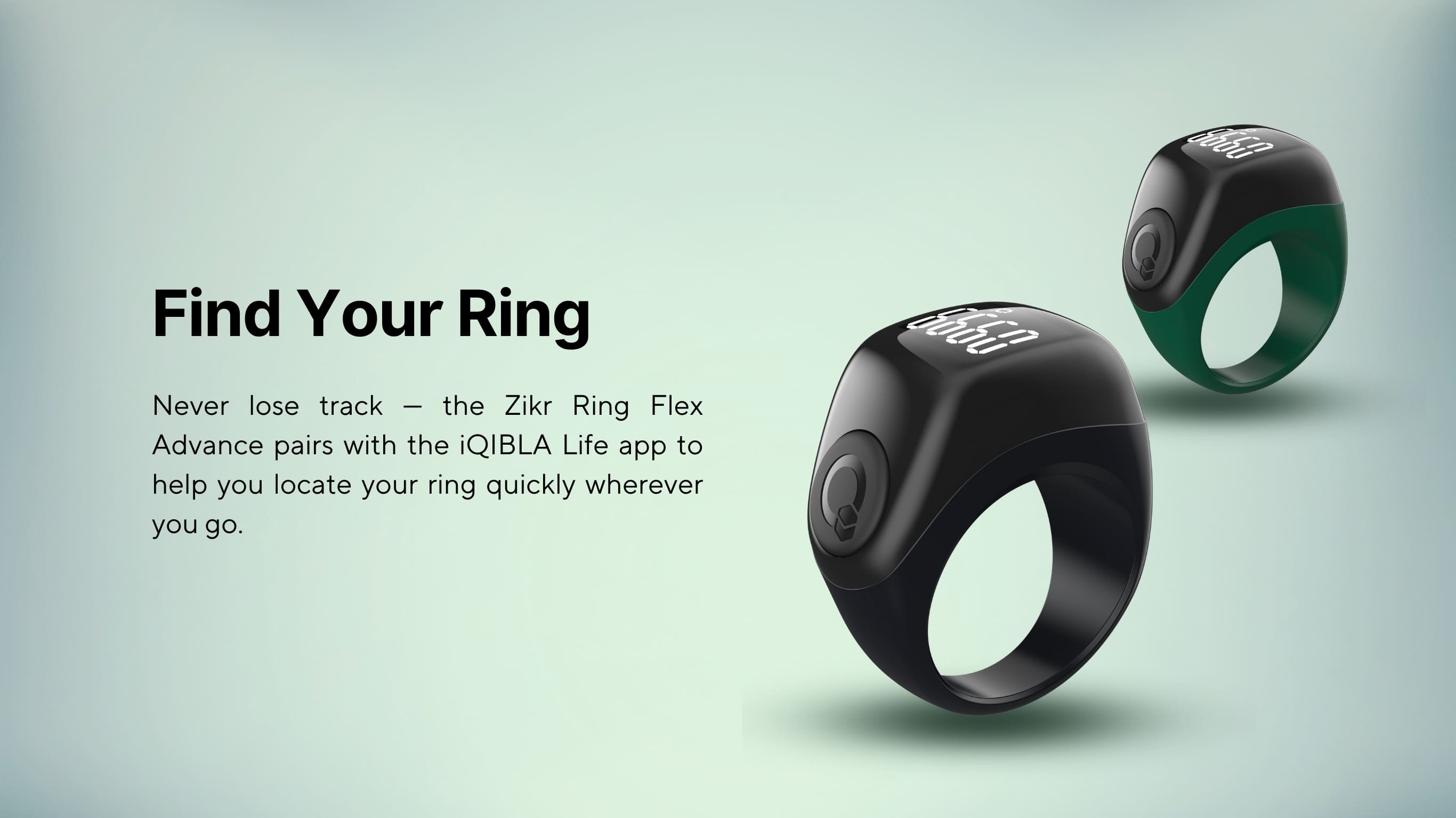 Zikr Ring Flex Advance paired with iQibla Life app to locate and track your dhikr ring easily.