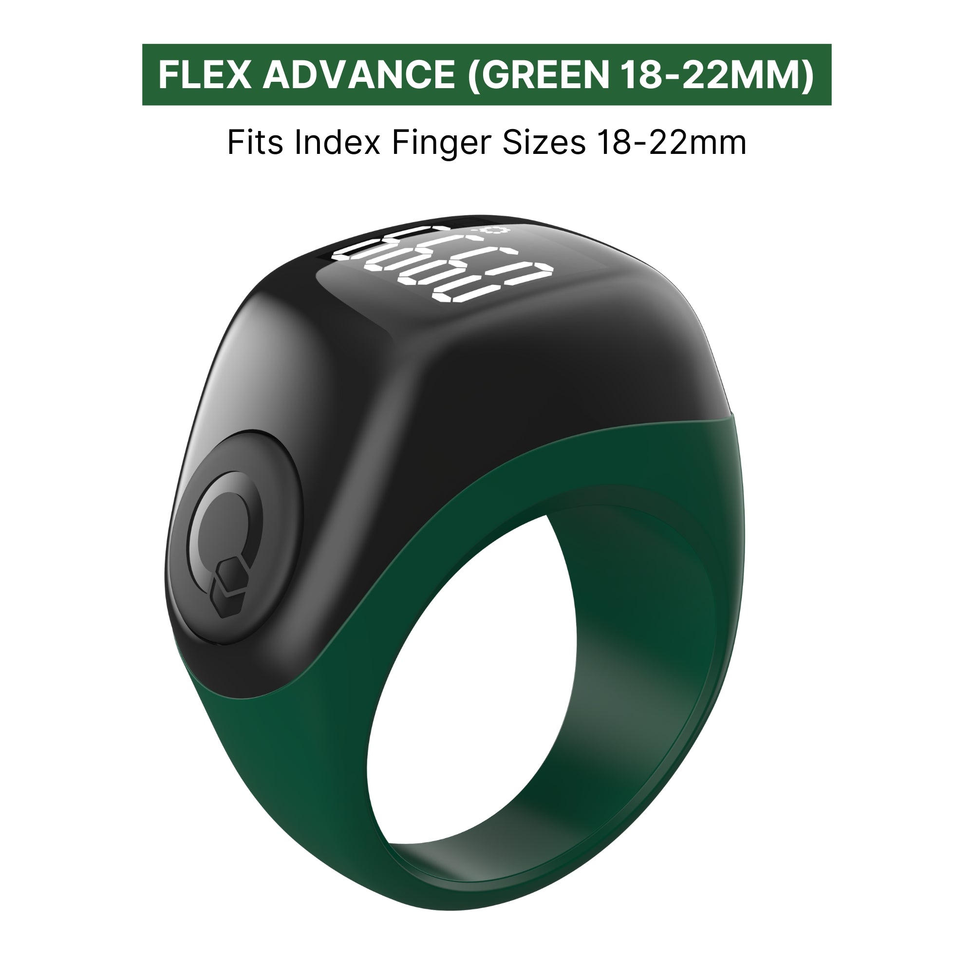 Zikr Ring Flex Advance in green indicating 3 sizes with OLED display, Islamic digital dhikr counter ring for beginners.