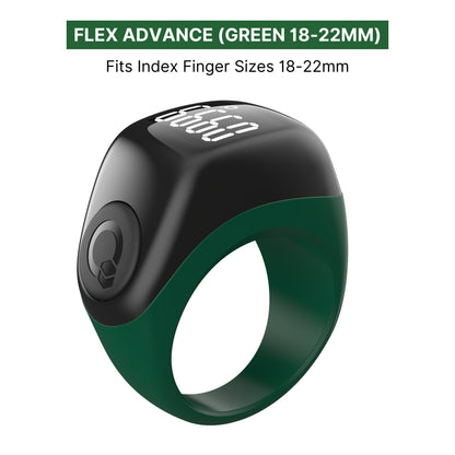 Zikr Ring Flex Advance in green indicating 3 sizes with OLED display, Islamic digital dhikr counter ring for beginners.
