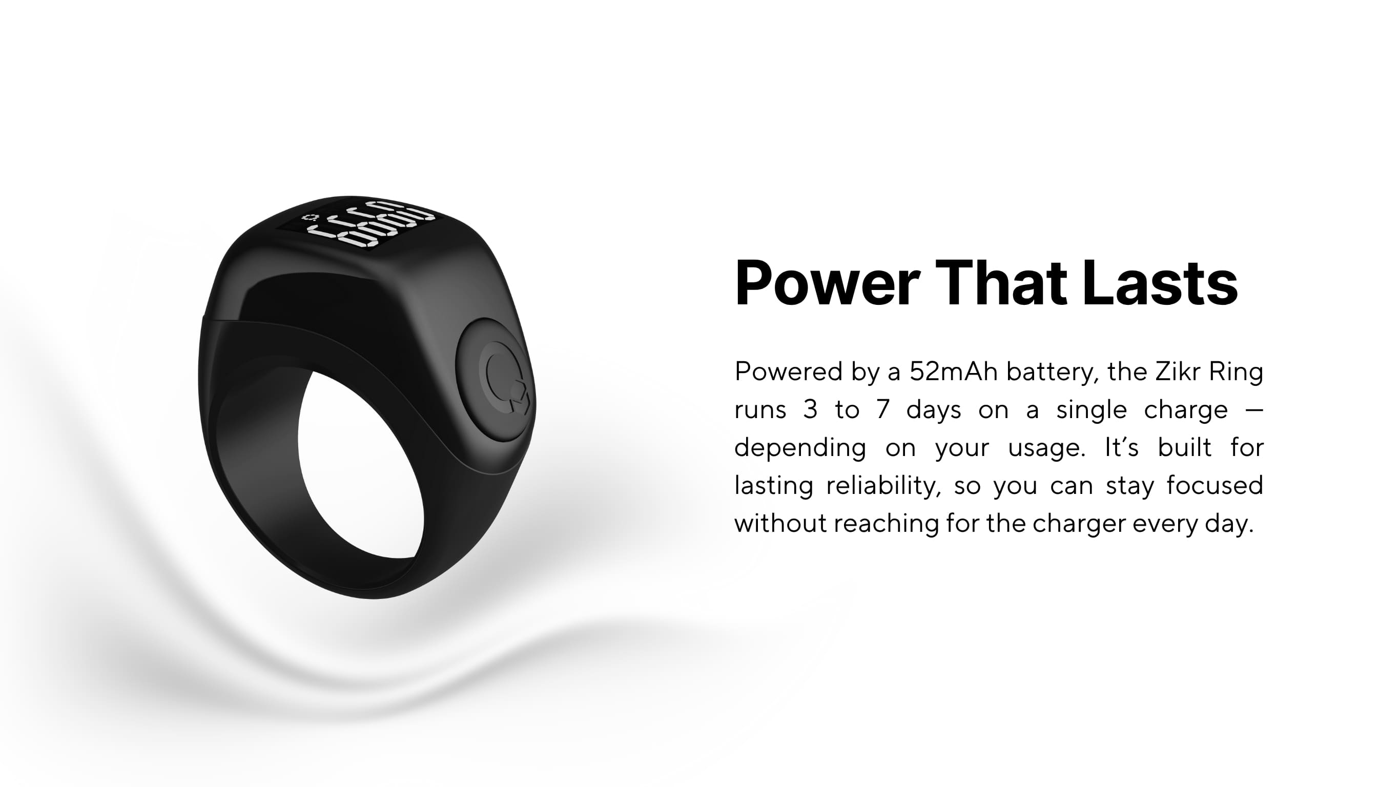 Zikr Ring Flex Advance black digital dhikr ring with 52mAh battery lasting 3 to 7 days.