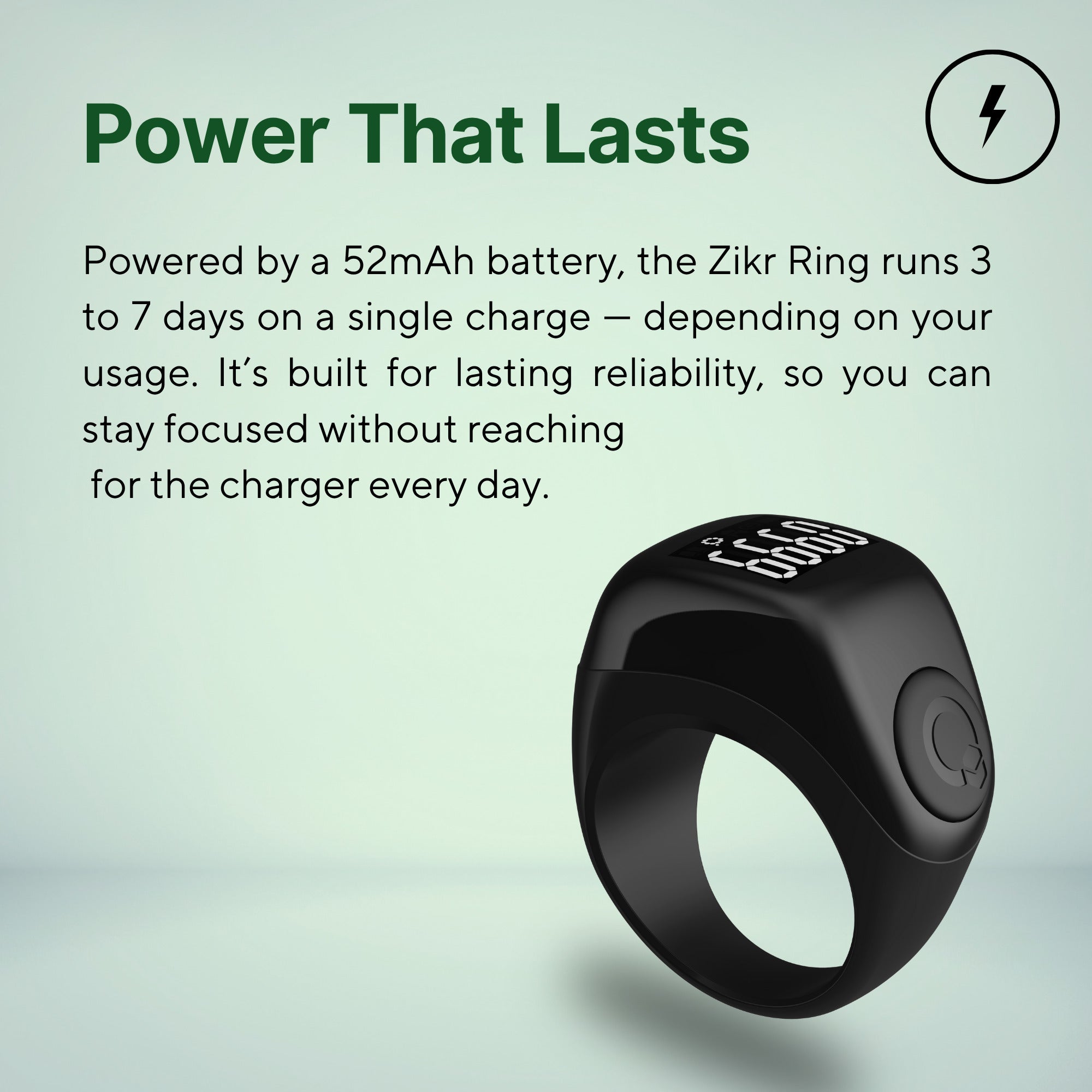 Zikr Ring Flex Advance black dhikr ring with 52mAh battery lasting 3 to 7 days on a single charge.