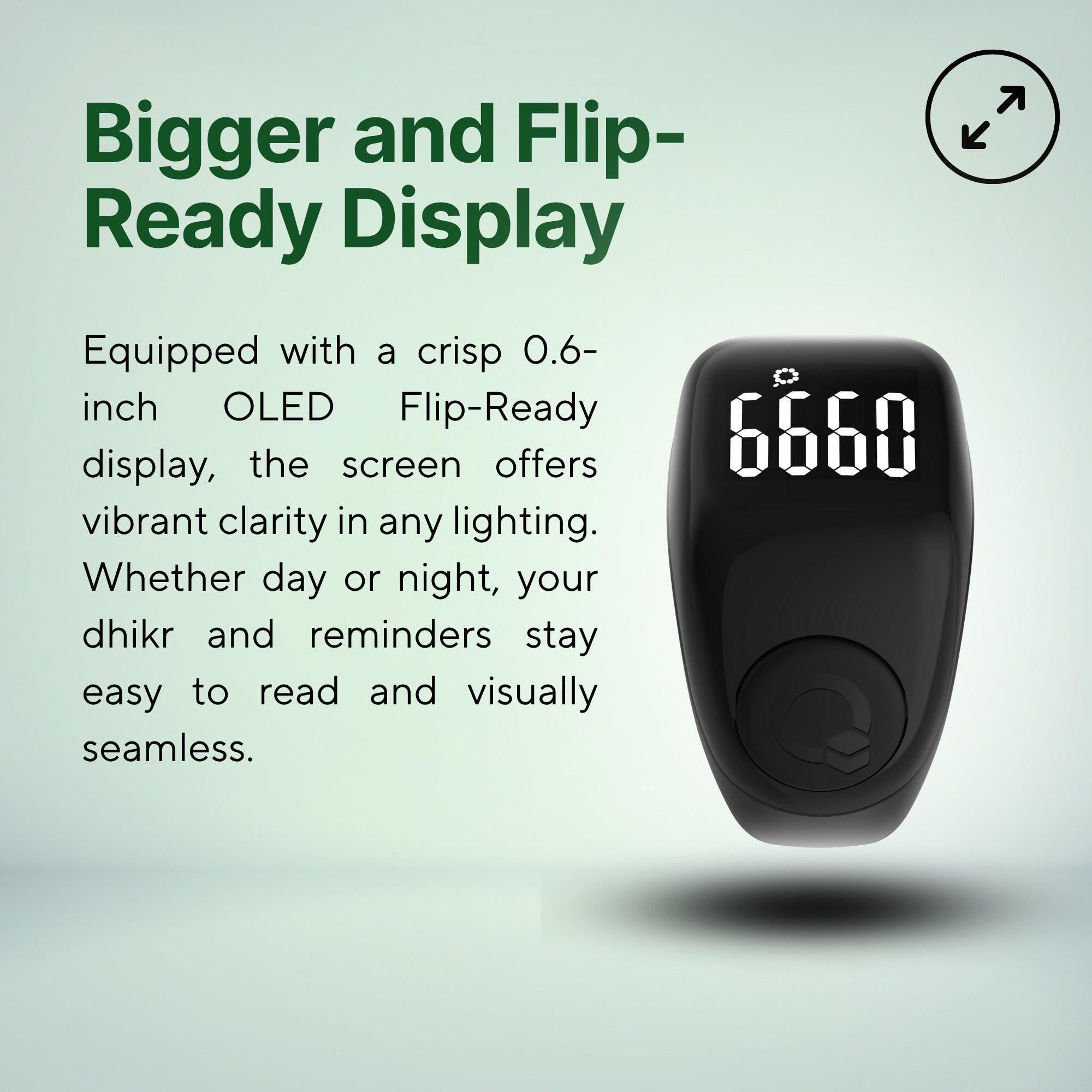 Zikr Ring Flex Advance with 0.6 inch OLED Flip-Ready display for clear dhikr counting in any lighting.