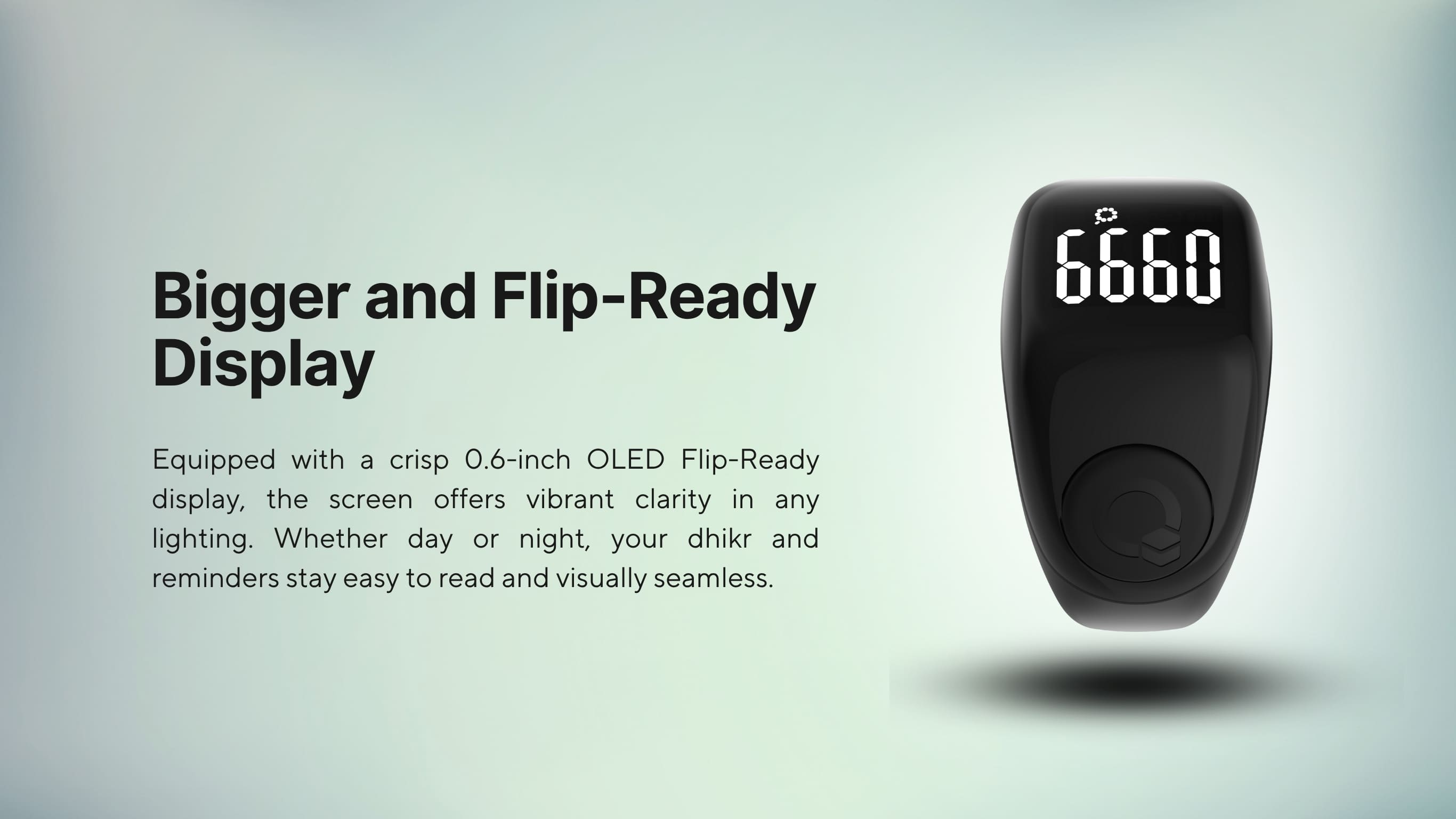 Zikr Ring Flex Advance with 0.6 inch OLED Flip-Ready display showing dhikr counter 6660.