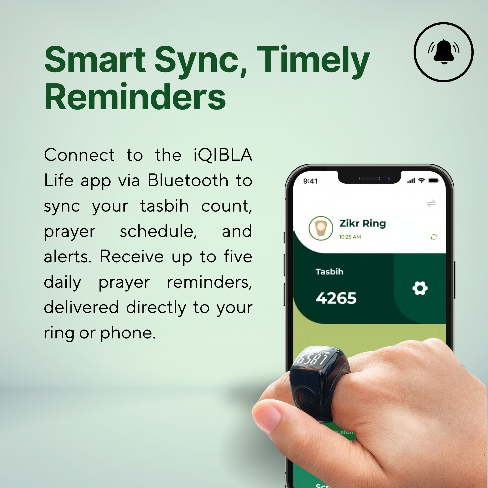 Zikr Ring Flex Advance connected to iQibla Life app via Bluetooth for tasbih count, prayer schedule, and reminders.