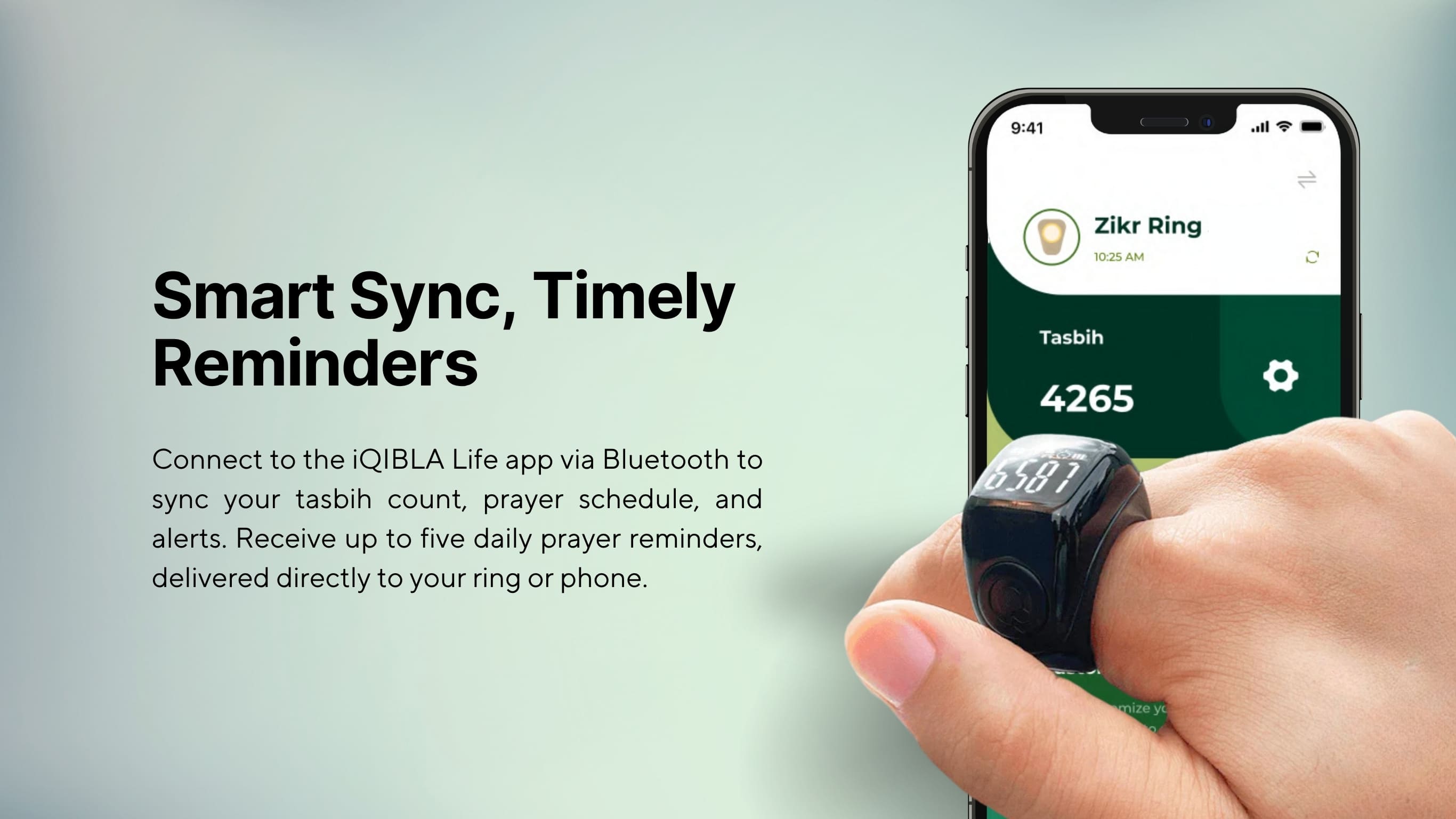 Zikr Ring Flex Advance connected to iQibla Life app via Bluetooth for tasbih count, prayer schedule, and reminders.