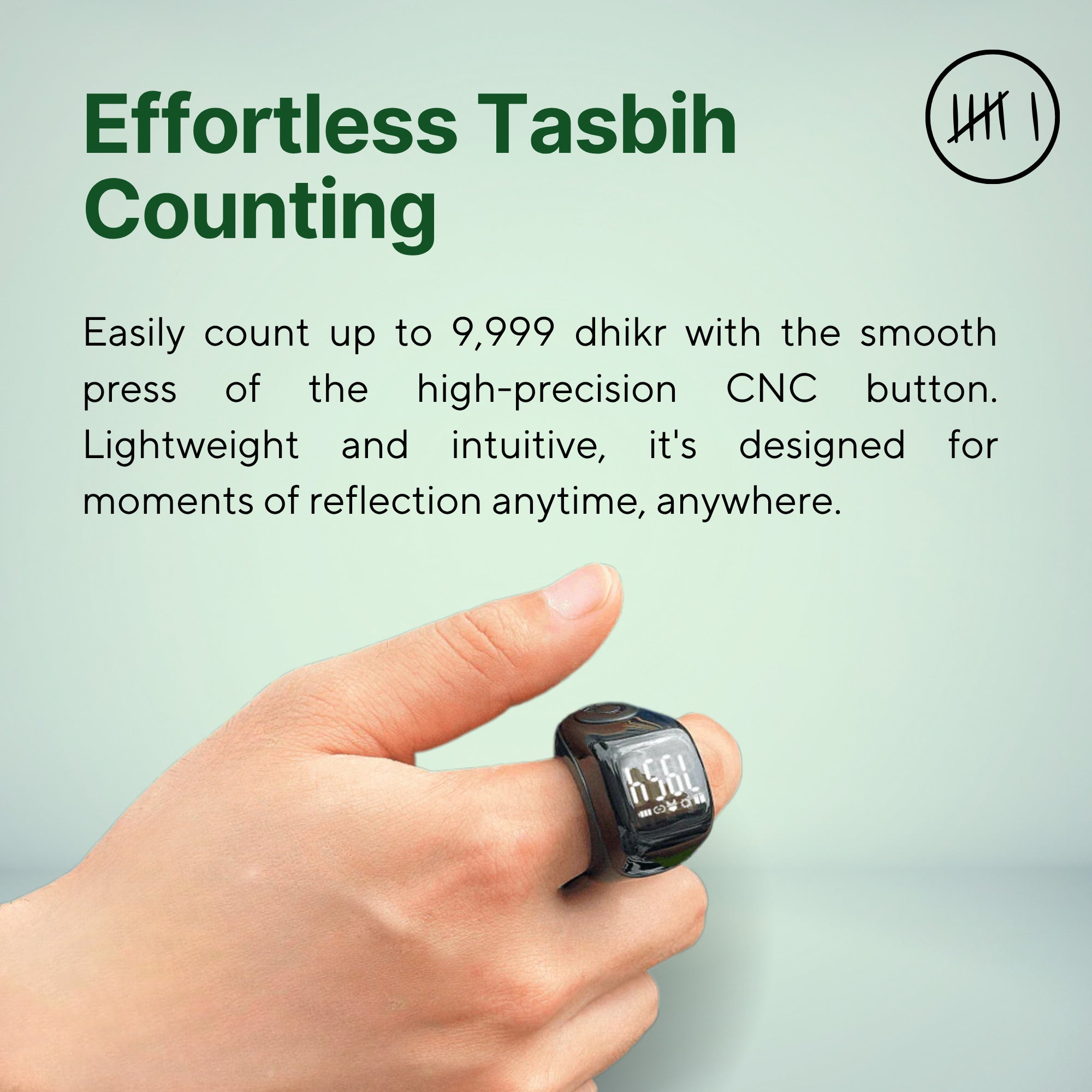 Hand wearing Zikr Ring Flex Advance counting dhikr up to 9,999 with precision CNC button.