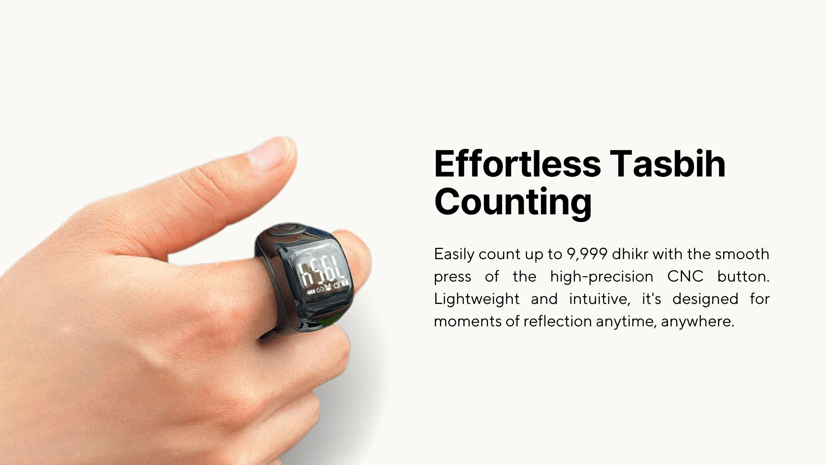 Hand wearing Zikr Ring Flex Advance counting dhikr up to 9,999 with precision CNC button.