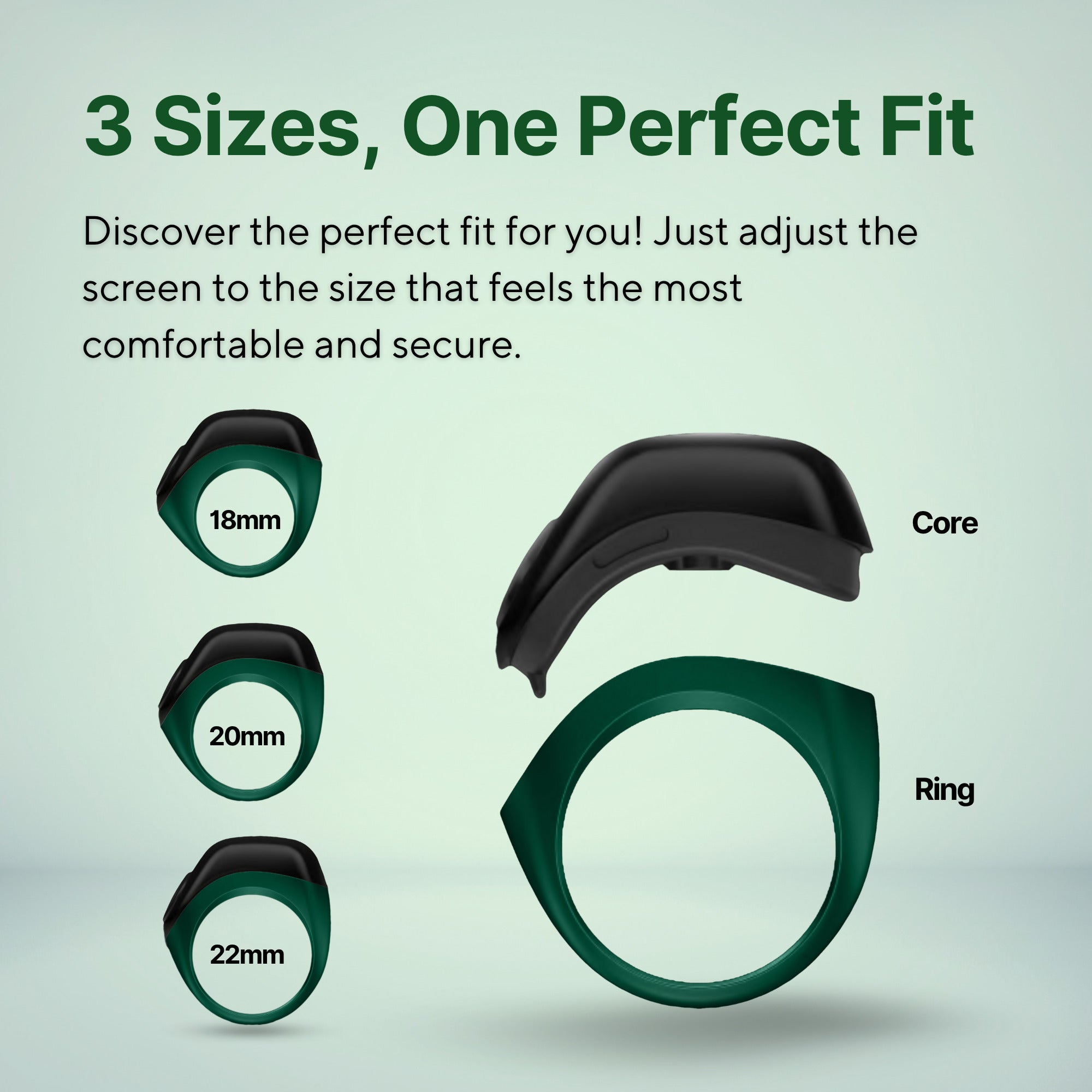 Zikr Ring Flex Advance shown in 18mm, 20mm, and 22mm sizes with adjustable screen for a perfect fit.