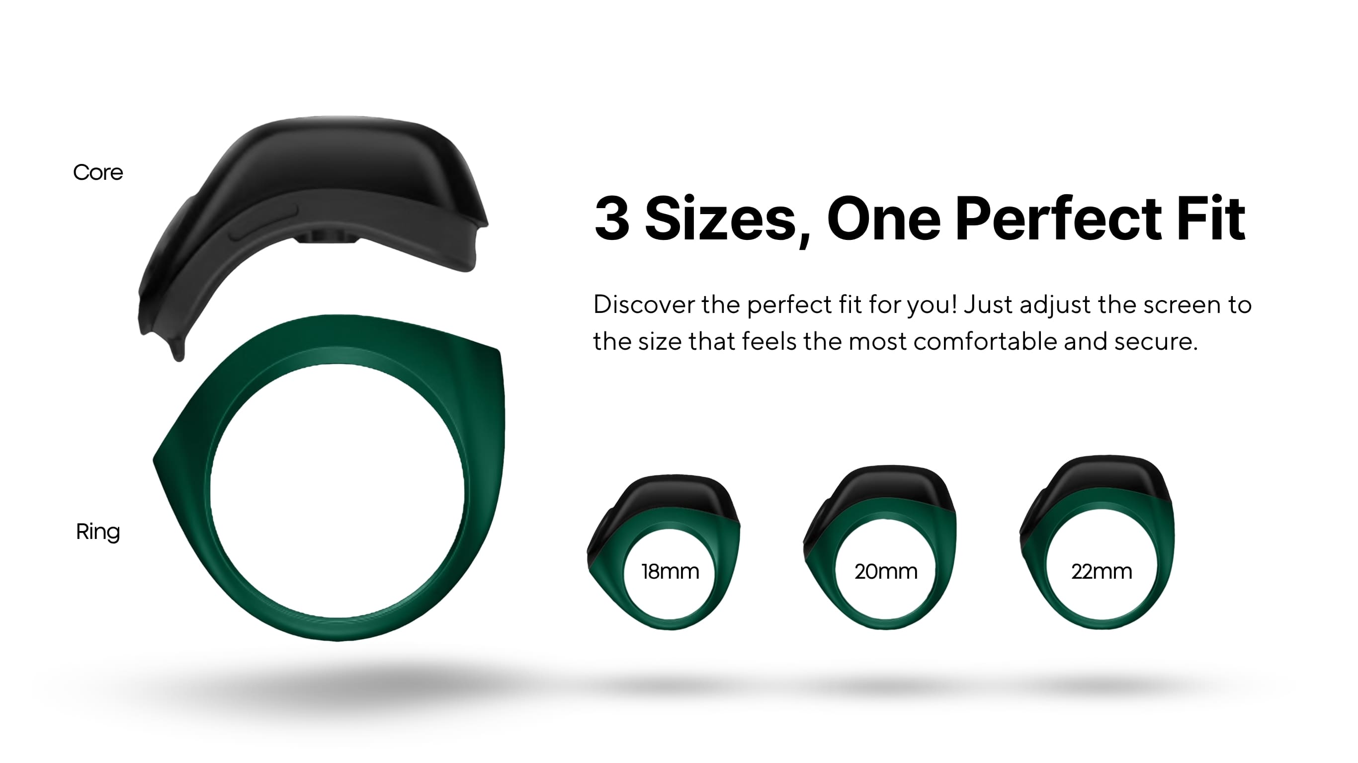 Zikr Ring Flex Advance shown in 18mm, 20mm, and 22mm sizes with adjustable screen for a perfect fit.
