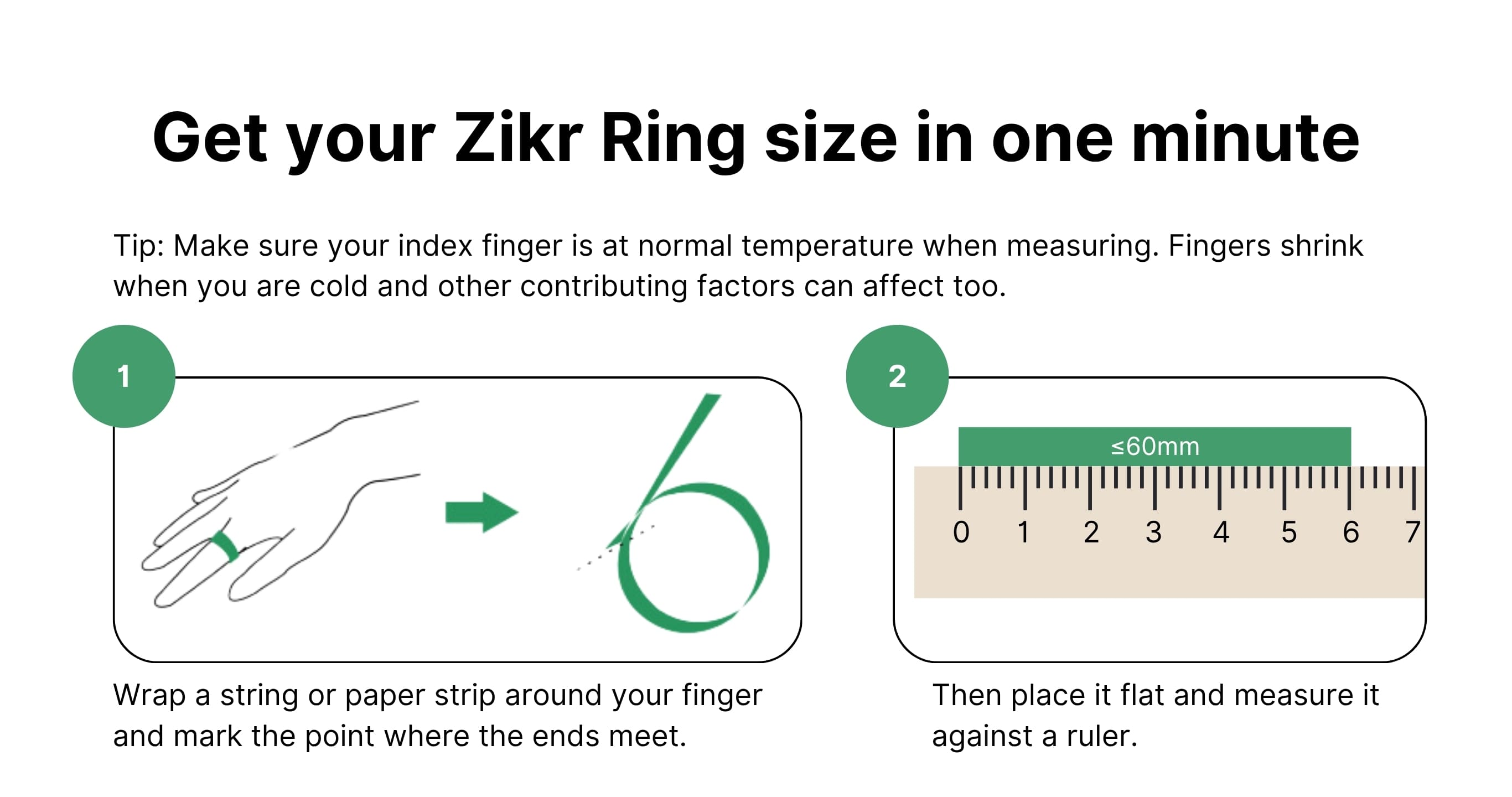 Zikr Ring size guide with measurements in millimeters and US ring sizes for 18mm, 20mm, and 22mm.