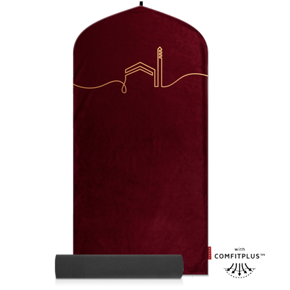 Burgundy EasiClean™ Kaaba Prayer Mat with minimalist Kaaba line art and removable ComfitPlus™ padding by TAKVA