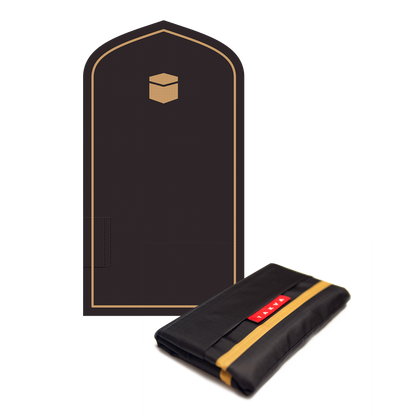 Image of the prayer mat being used outdoors: "Portable prayer mat - take your Islamic prayer mat with you wherever you go, thanks to its lightweight and compact design."