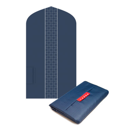 Image of the folded prayer mat in a pocket: "Foldable prayer mat - our waterproof prayer mat folds up to fit easily into any pocket or bag for convenient use on the go."